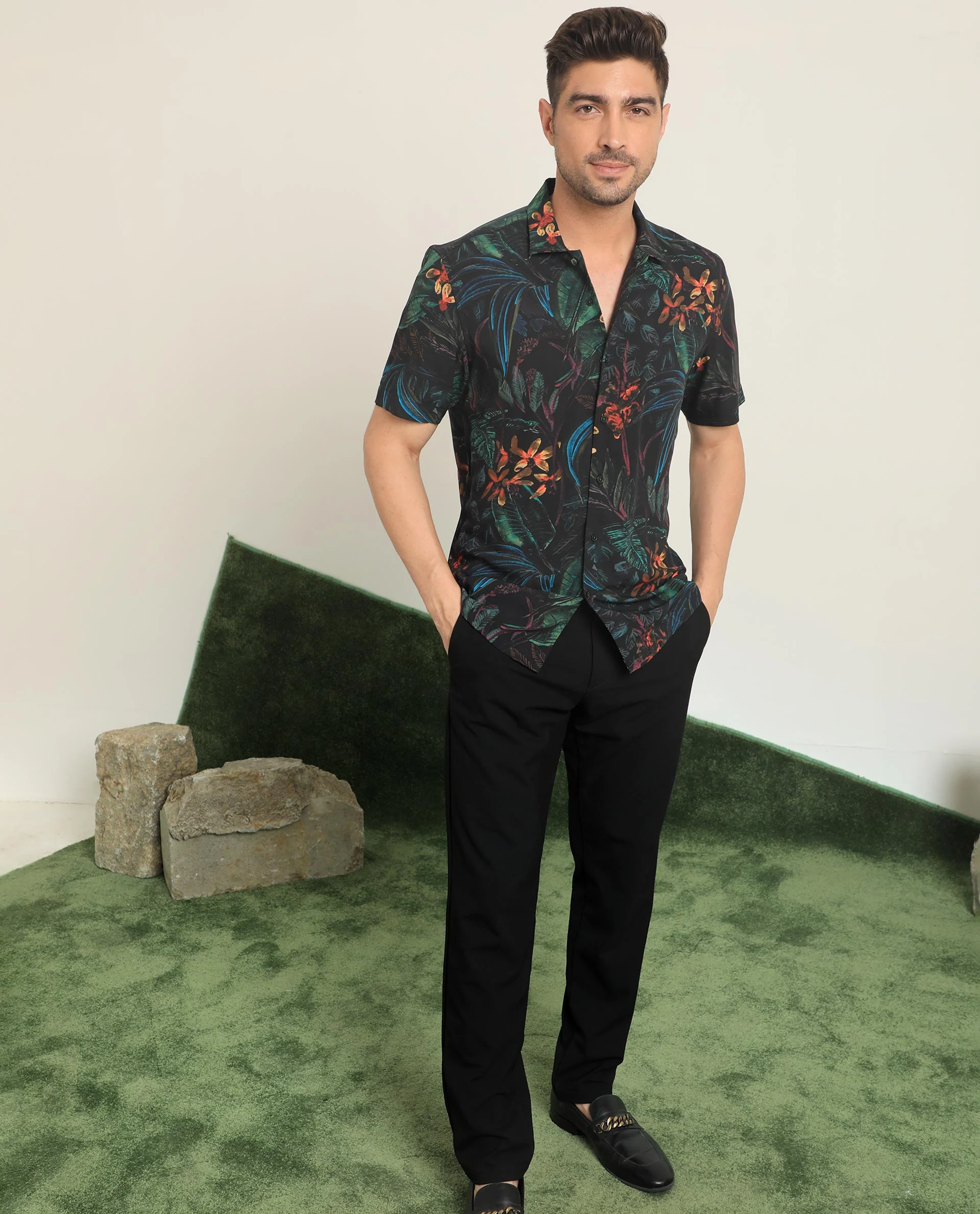 Rare Rabbit Men's Dabney Black Viscose Tropical Print Regular Fit Half Sleeve Collared Shirt - Image 3