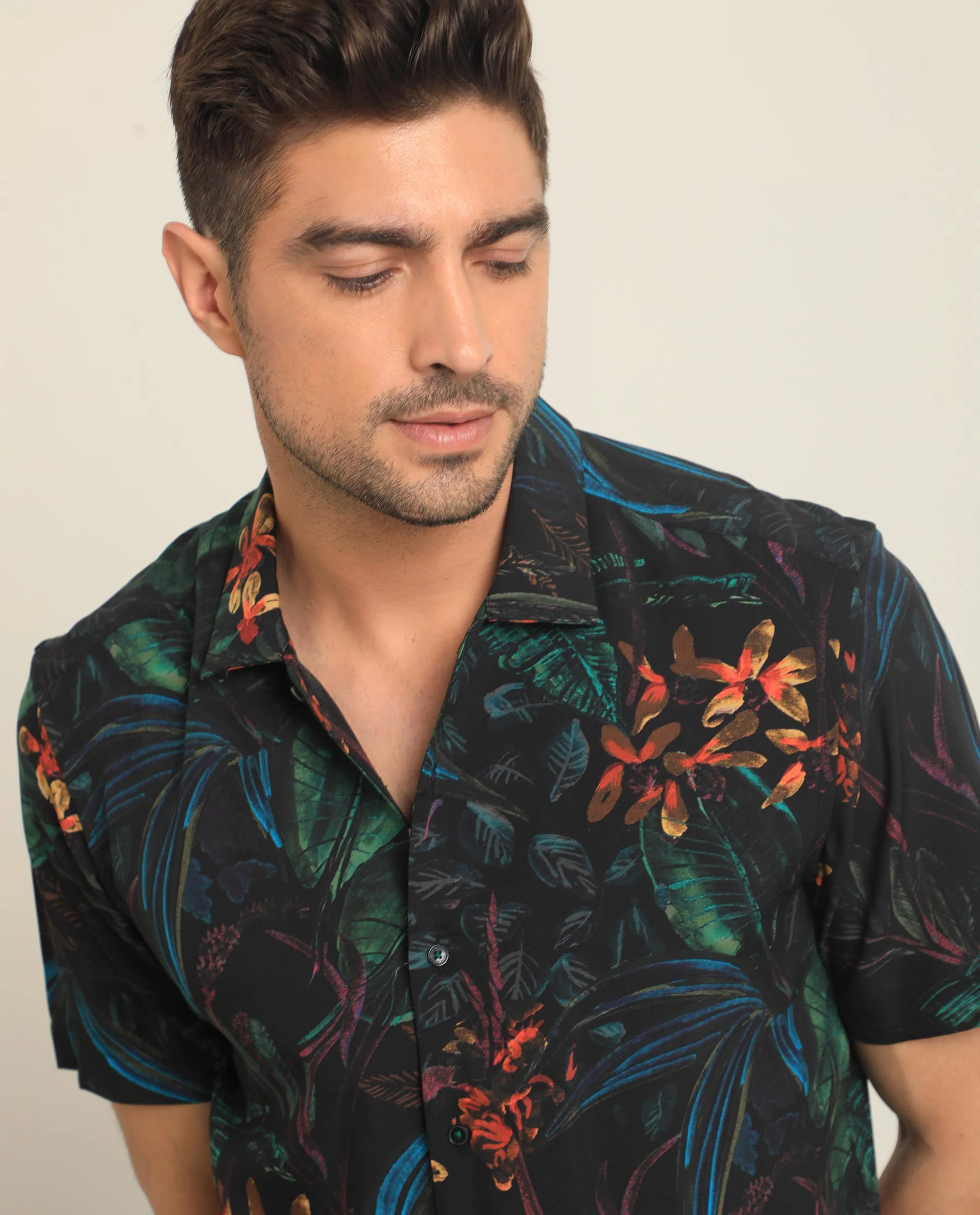 Rare Rabbit Men's Dabney Black Viscose Tropical Print Regular Fit Half Sleeve Collared Shirt - Image 4