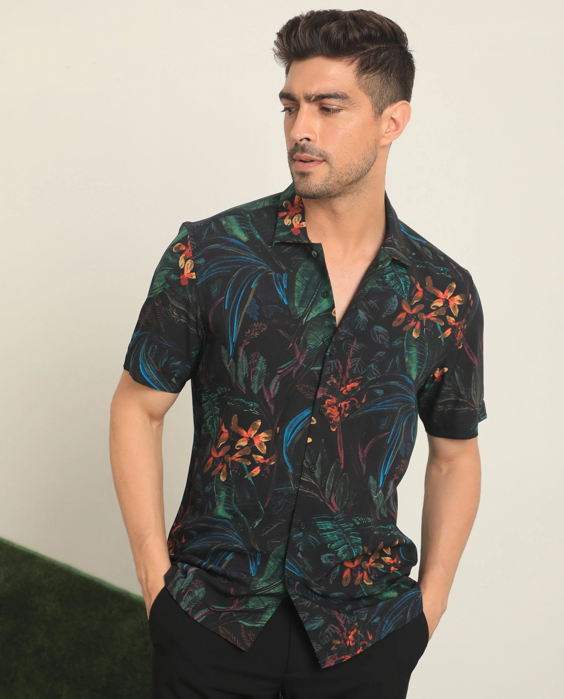 Rare Rabbit Men's Dabney Black Viscose Tropical Print Regular Fit Half Sleeve Collared Shirt - Image 5