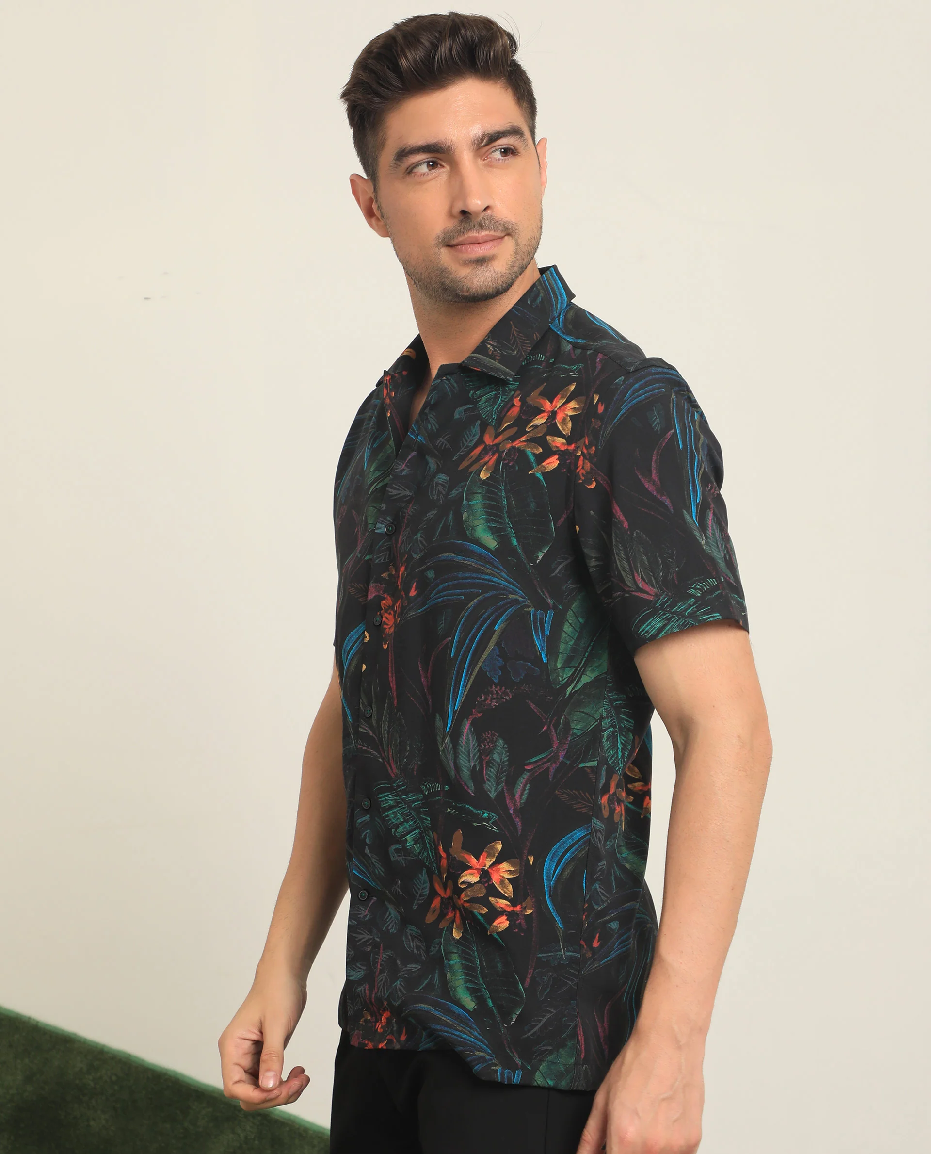 Rare Rabbit Men's Dabney Black Viscose Tropical Print Regular Fit Half Sleeve Collared Shirt - Image 6