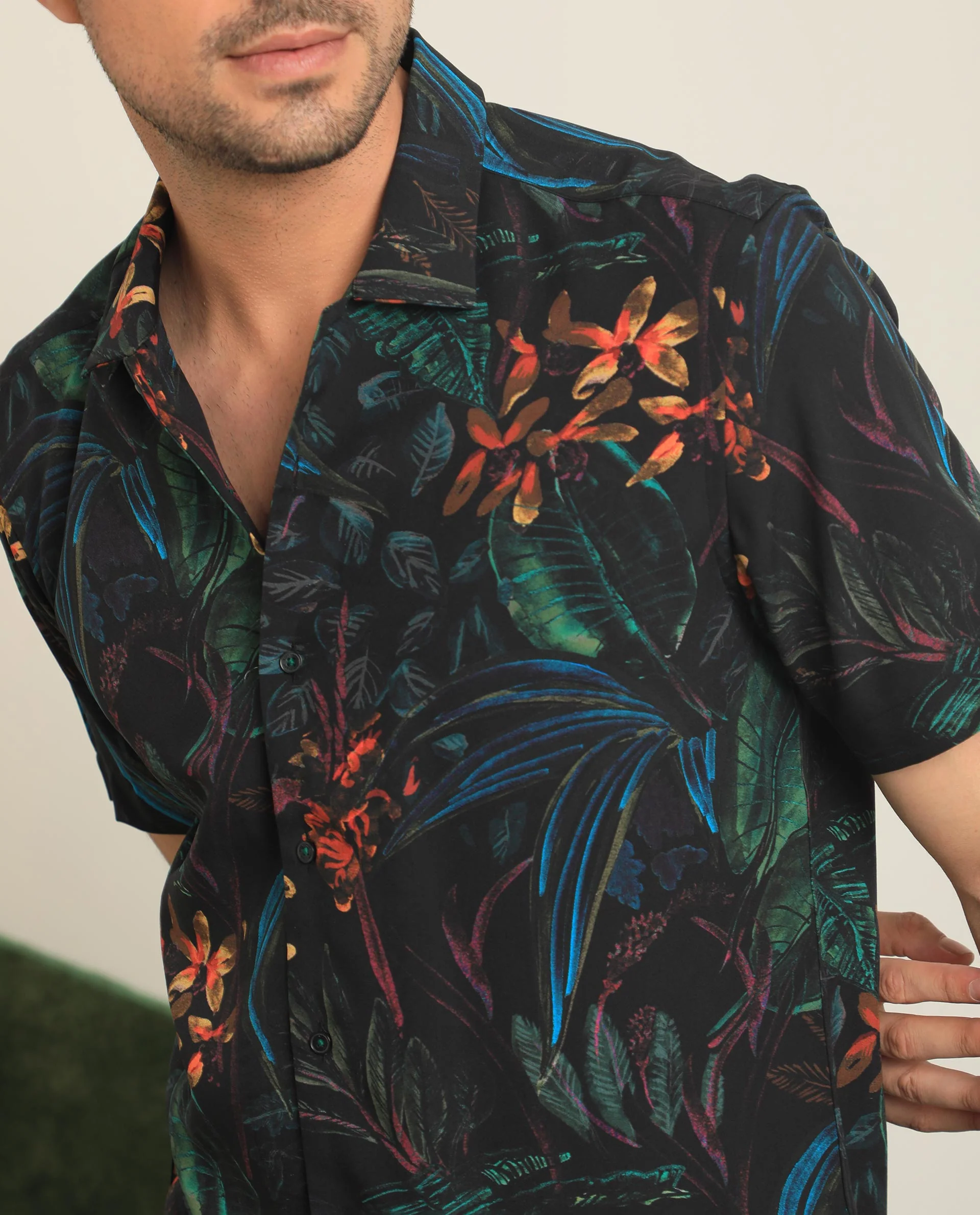 Rare Rabbit Men's Dabney Black Viscose Tropical Print Regular Fit Half Sleeve Collared Shirt - Image 8