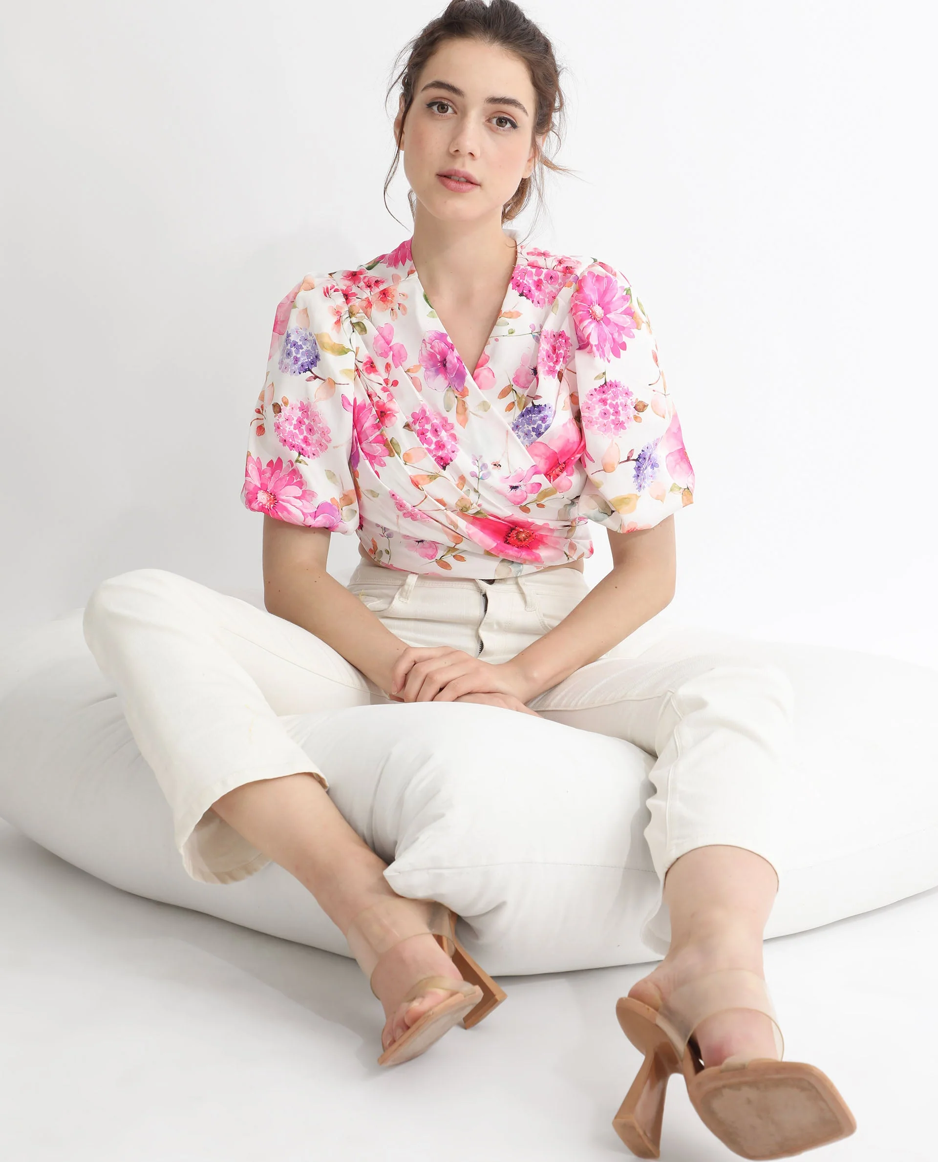 Rareism Women's Dackio White Polyester V-Neck Floral Print Balloon Sleeve Crop Relaxed Fit Top - Image 13