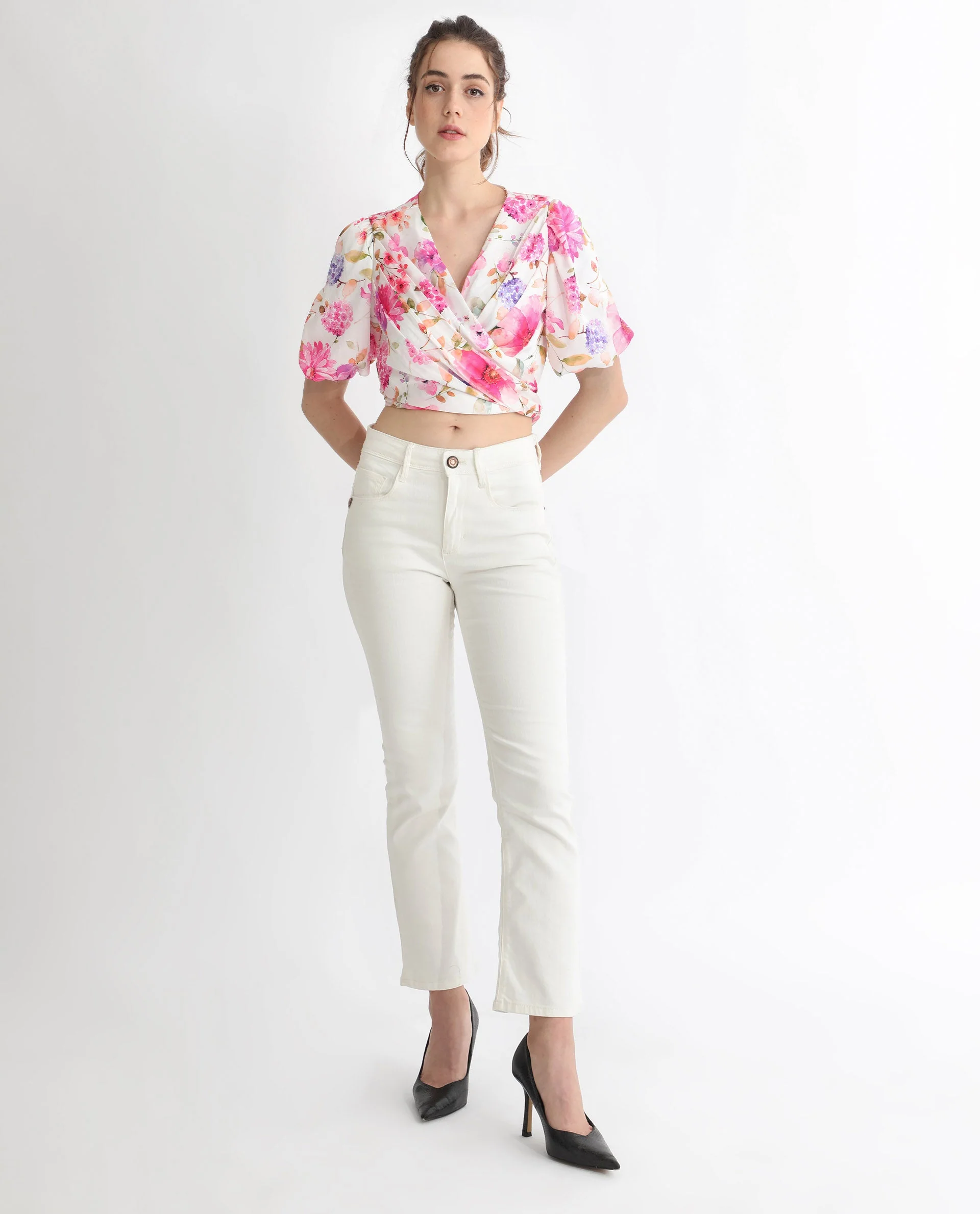Rareism Women's Dackio White Polyester V-Neck Floral Print Balloon Sleeve Crop Relaxed Fit Top - Image 14