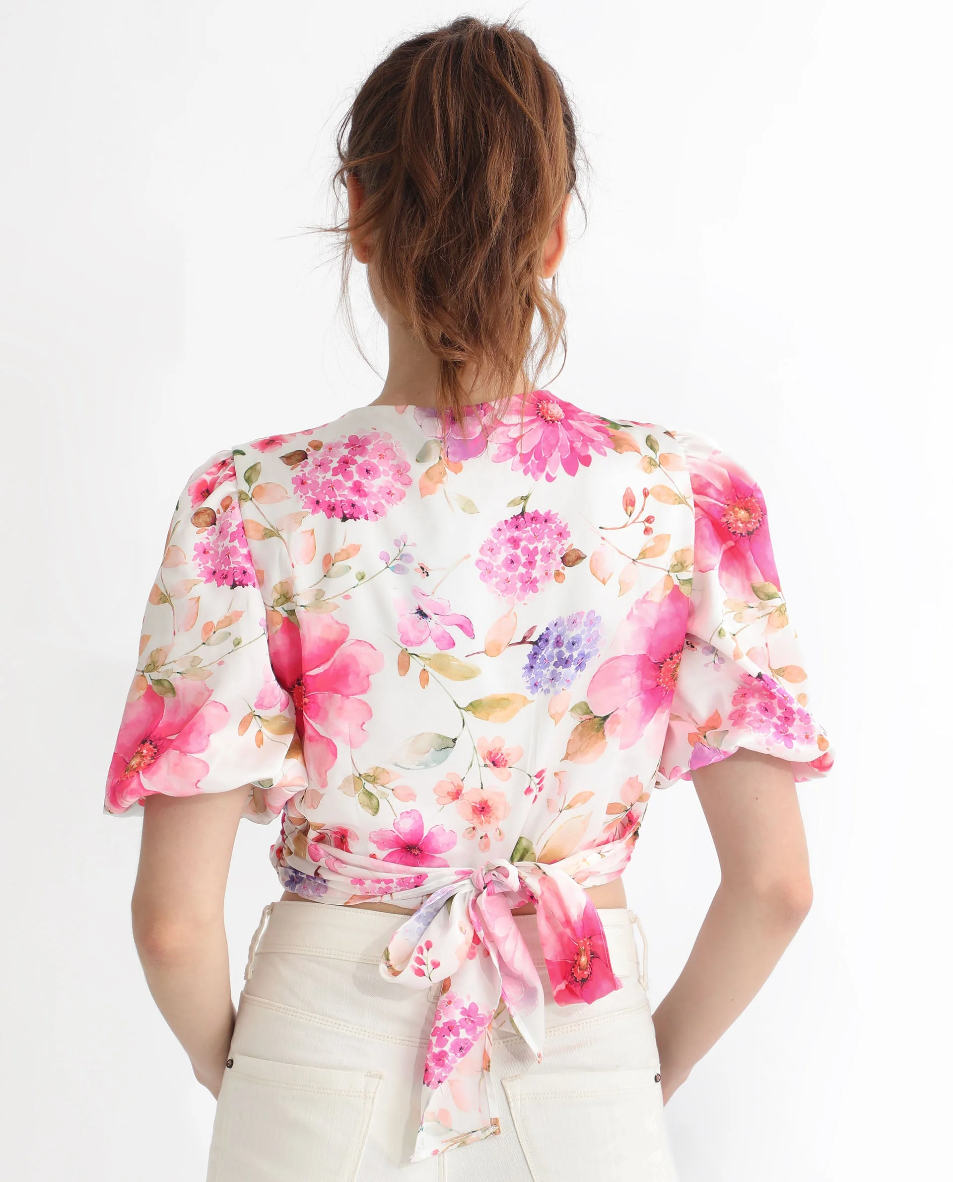 Rareism Women's Dackio White Polyester V-Neck Floral Print Balloon Sleeve Crop Relaxed Fit Top - Image 5
