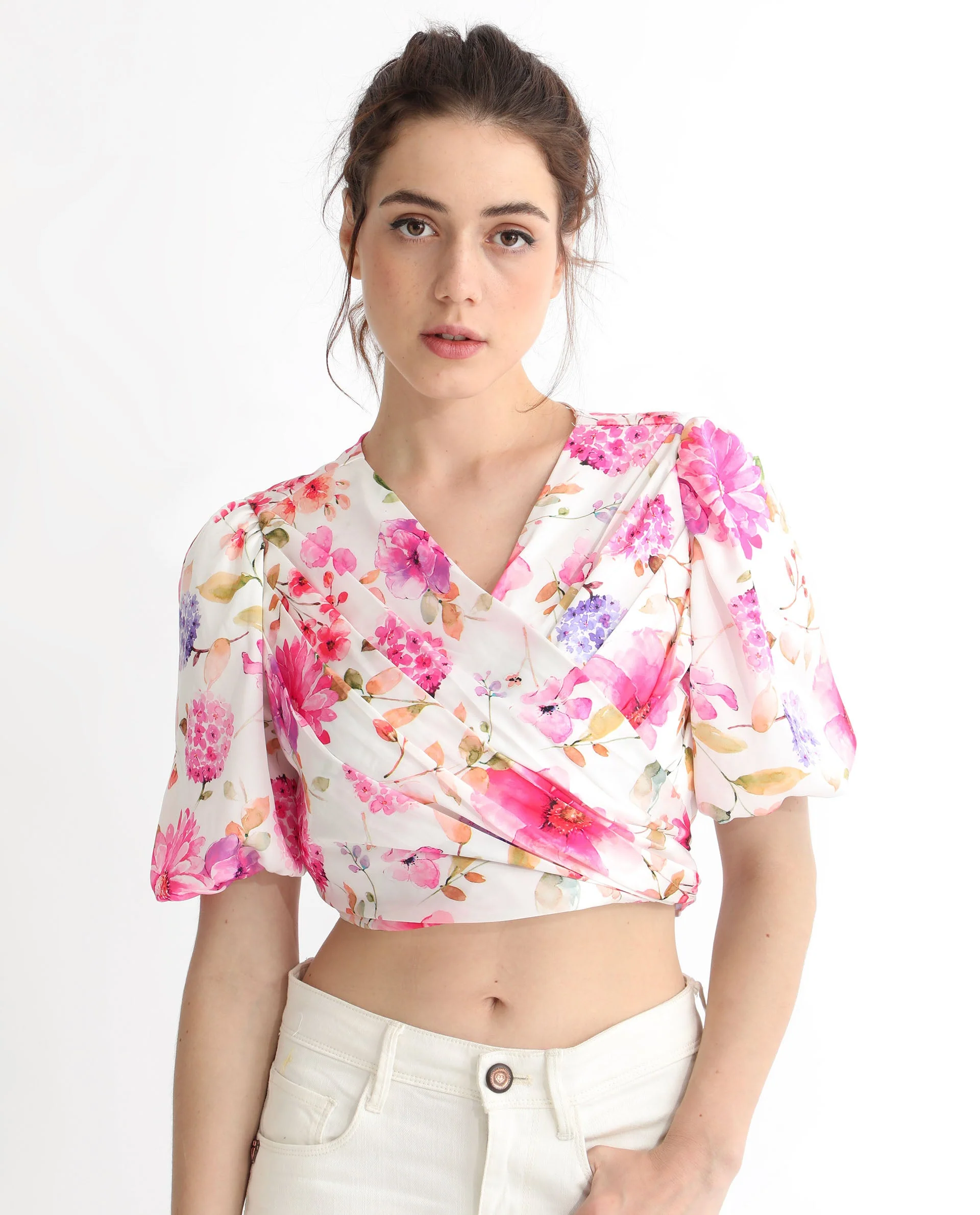 Rareism Women's Dackio White Polyester V-Neck Floral Print Balloon Sleeve Crop Relaxed Fit Top - Image 7