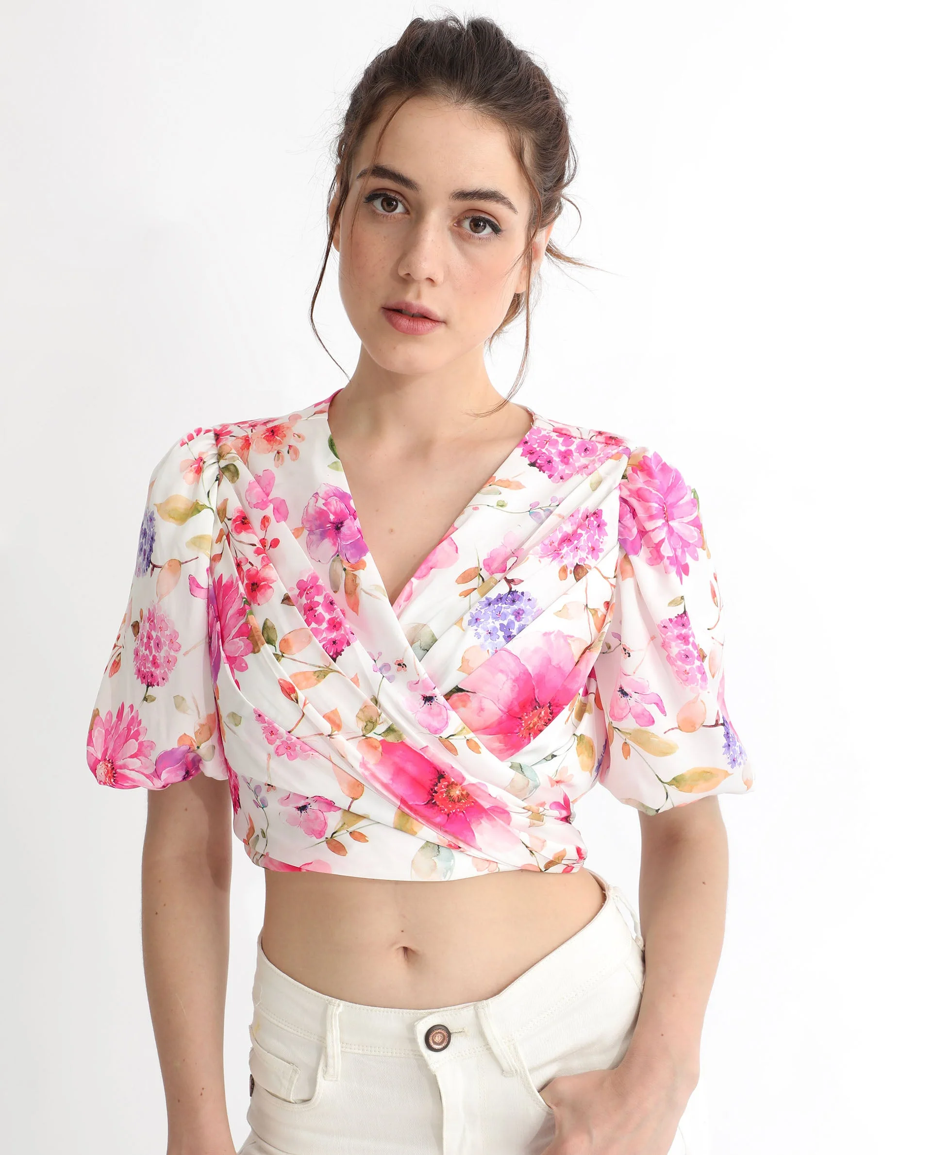 Rareism Women's Dackio White Polyester V-Neck Floral Print Balloon Sleeve Crop Relaxed Fit Top - Image 8