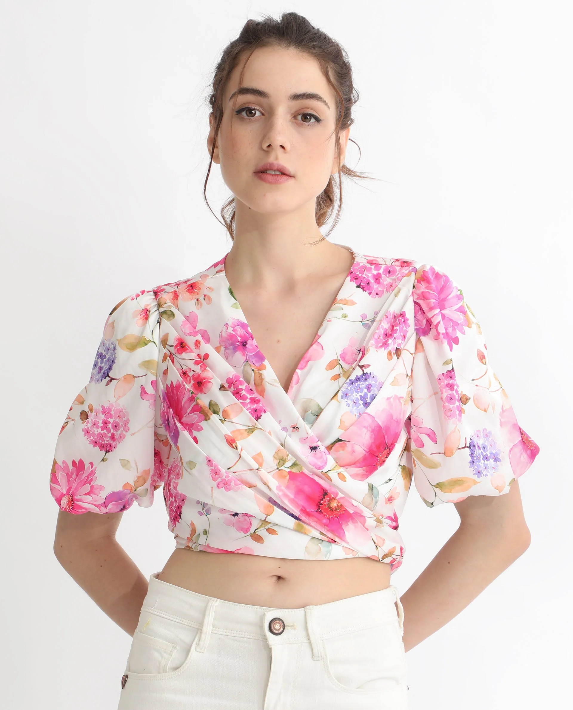 Rareism Women's Dackio White Polyester V-Neck Floral Print Balloon Sleeve Crop Relaxed Fit Top - Image 9