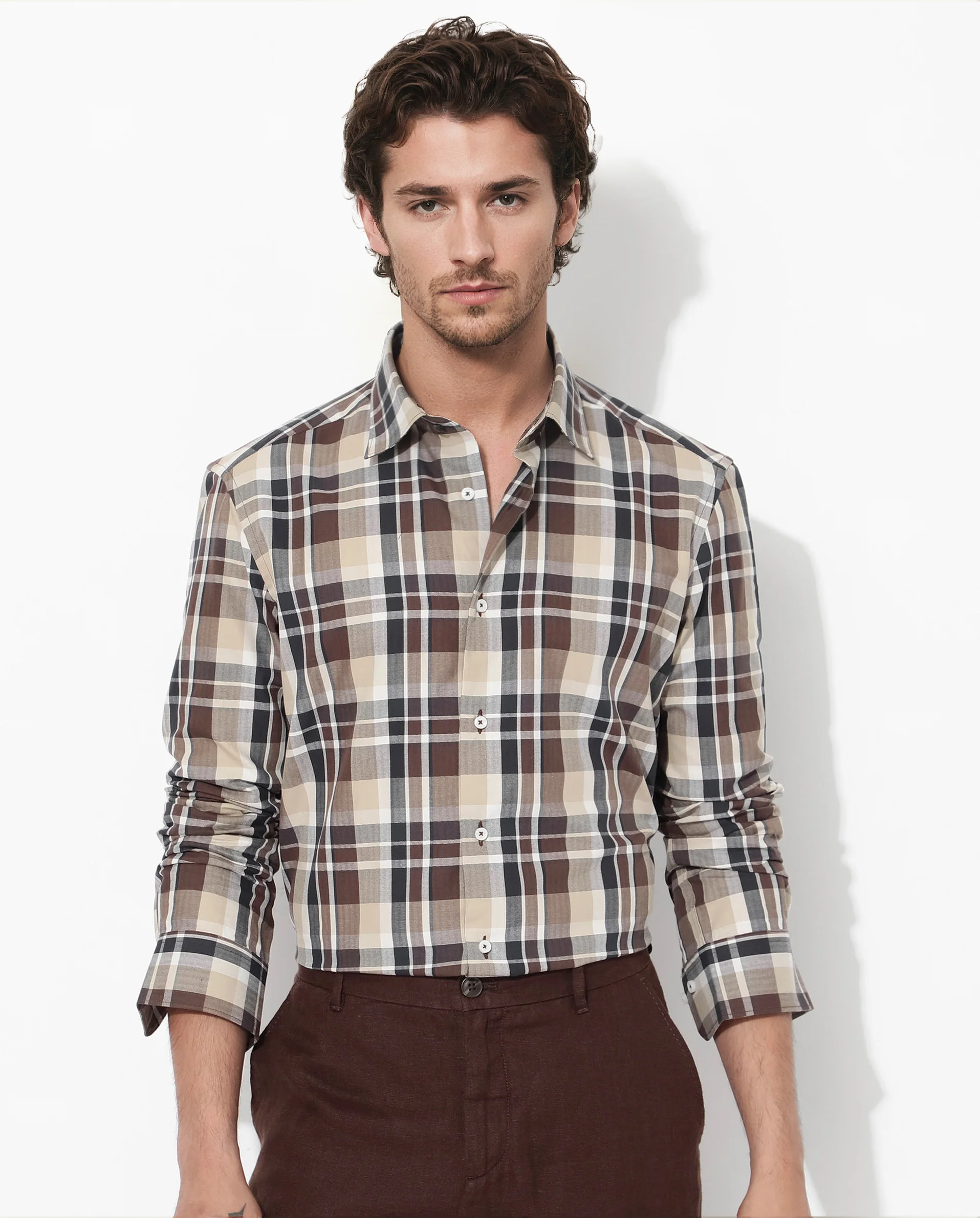 Rare Rabbit Men's Dae Brown Cotton Checked Print Regular Fit Full Sleeve Collared Shirt