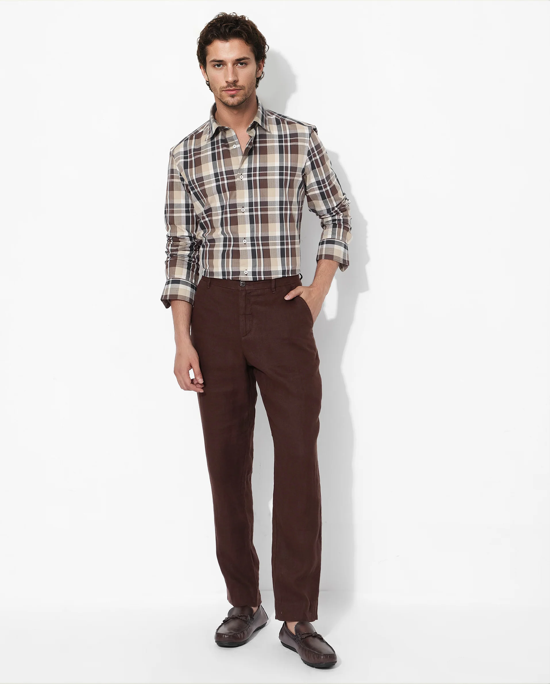 Rare Rabbit Men's Dae Brown Cotton Checked Print Regular Fit Full Sleeve Collared Shirt - Image 2