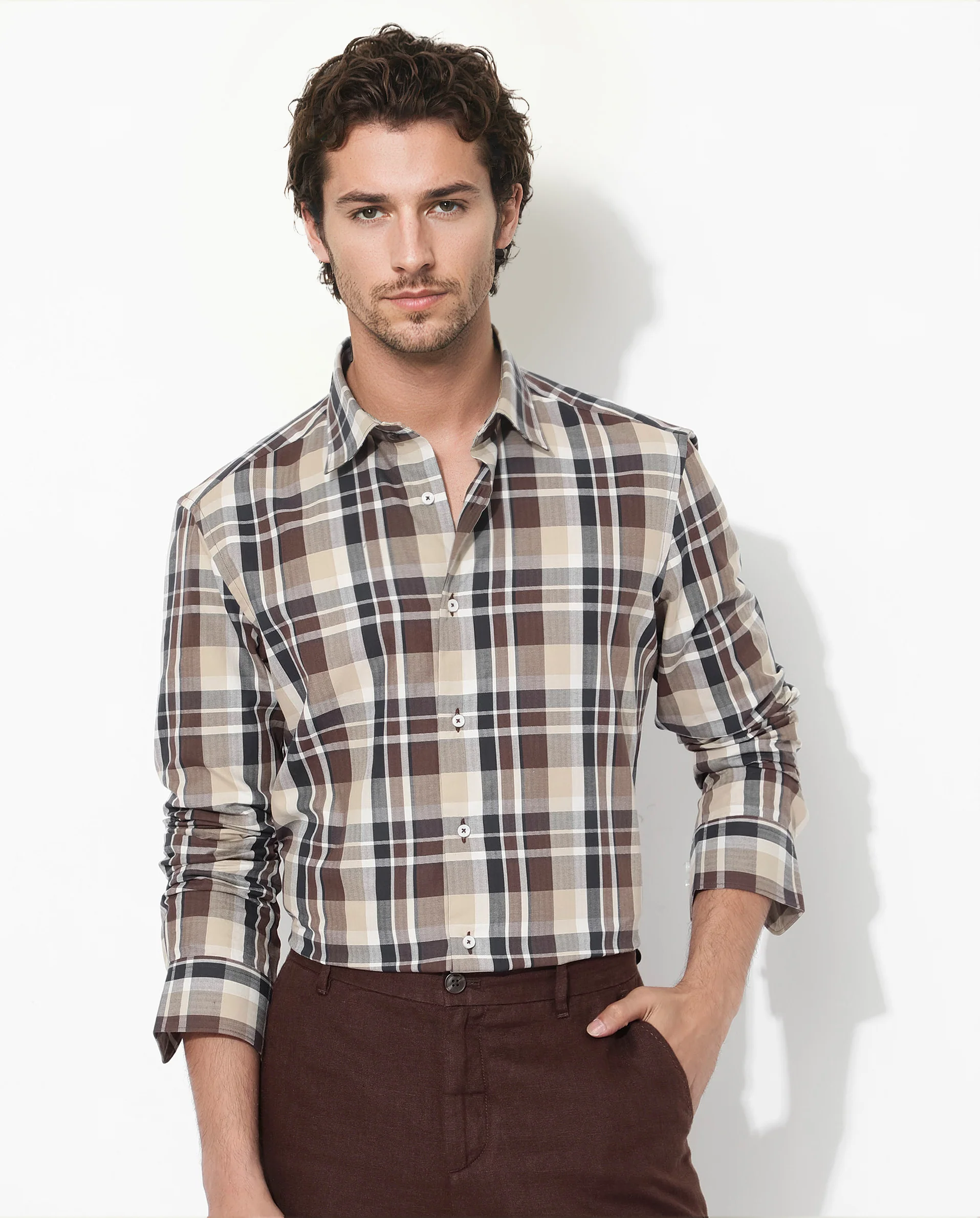 Rare Rabbit Men's Dae Brown Cotton Checked Print Regular Fit Full Sleeve Collared Shirt - Image 3