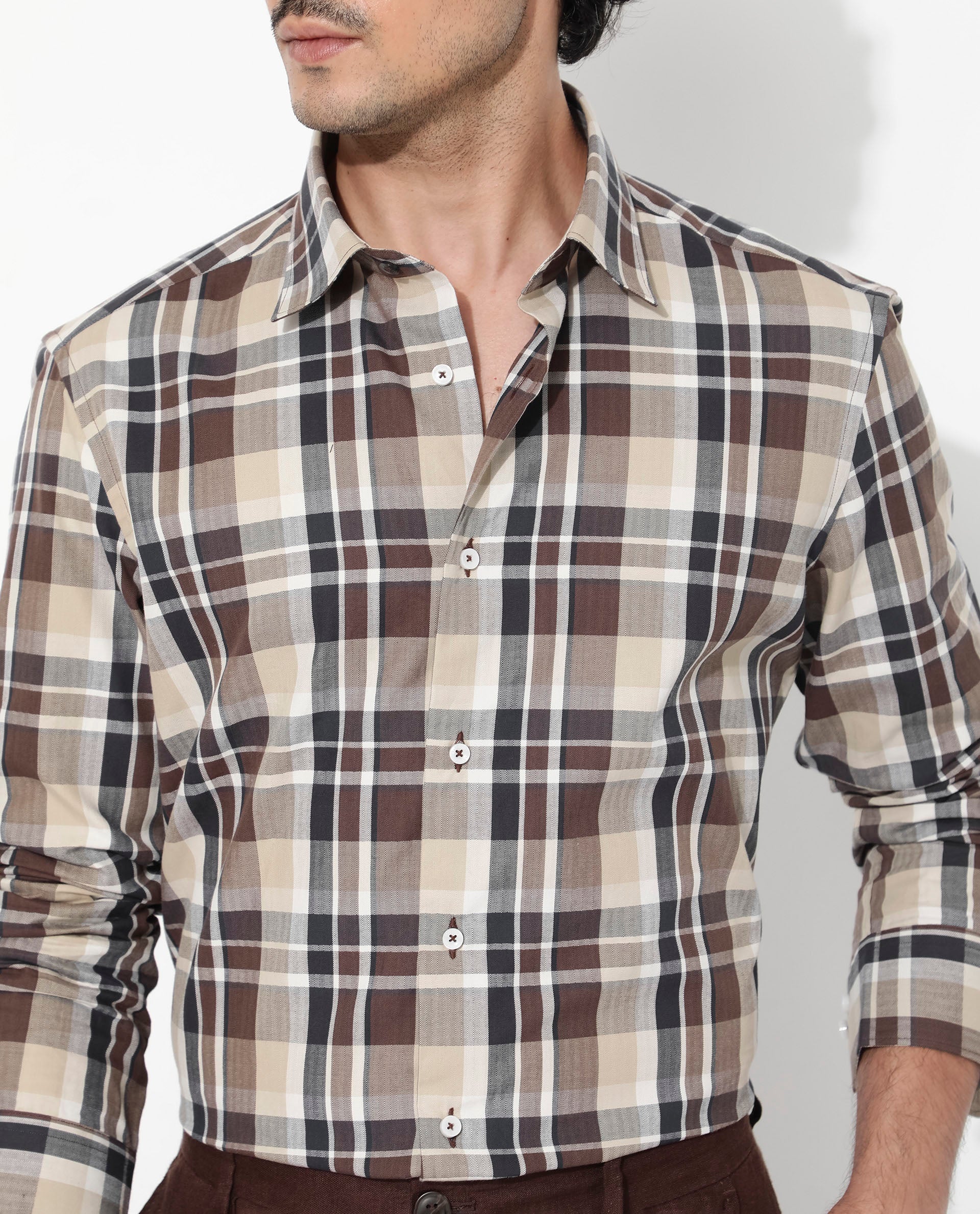 Rare Rabbit Men's Dae Brown Cotton Checked Print Regular Fit Full Sleeve Collared Shirt - Image 4