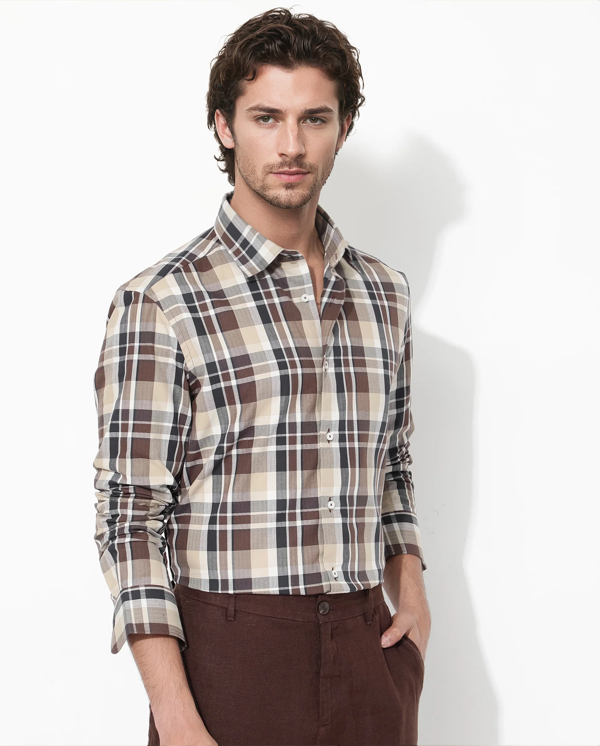 Rare Rabbit Men's Dae Brown Cotton Checked Print Regular Fit Full Sleeve Collared Shirt - Image 6
