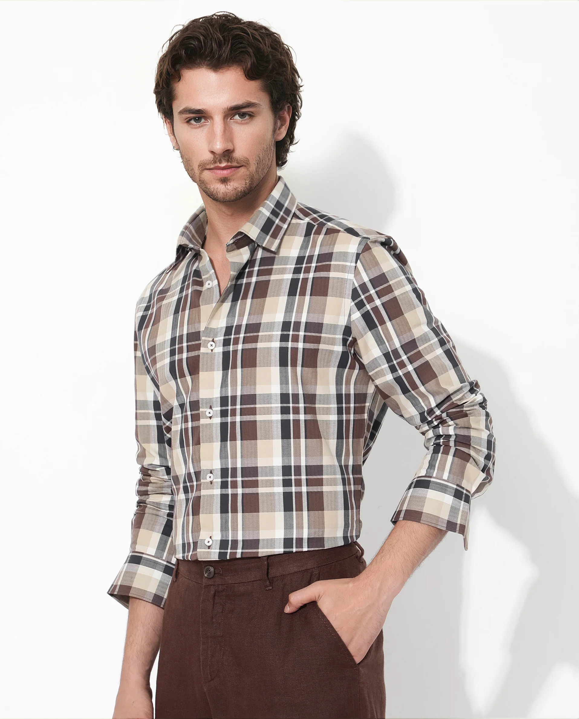 Rare Rabbit Men's Dae Brown Cotton Checked Print Regular Fit Full Sleeve Collared Shirt - Image 7