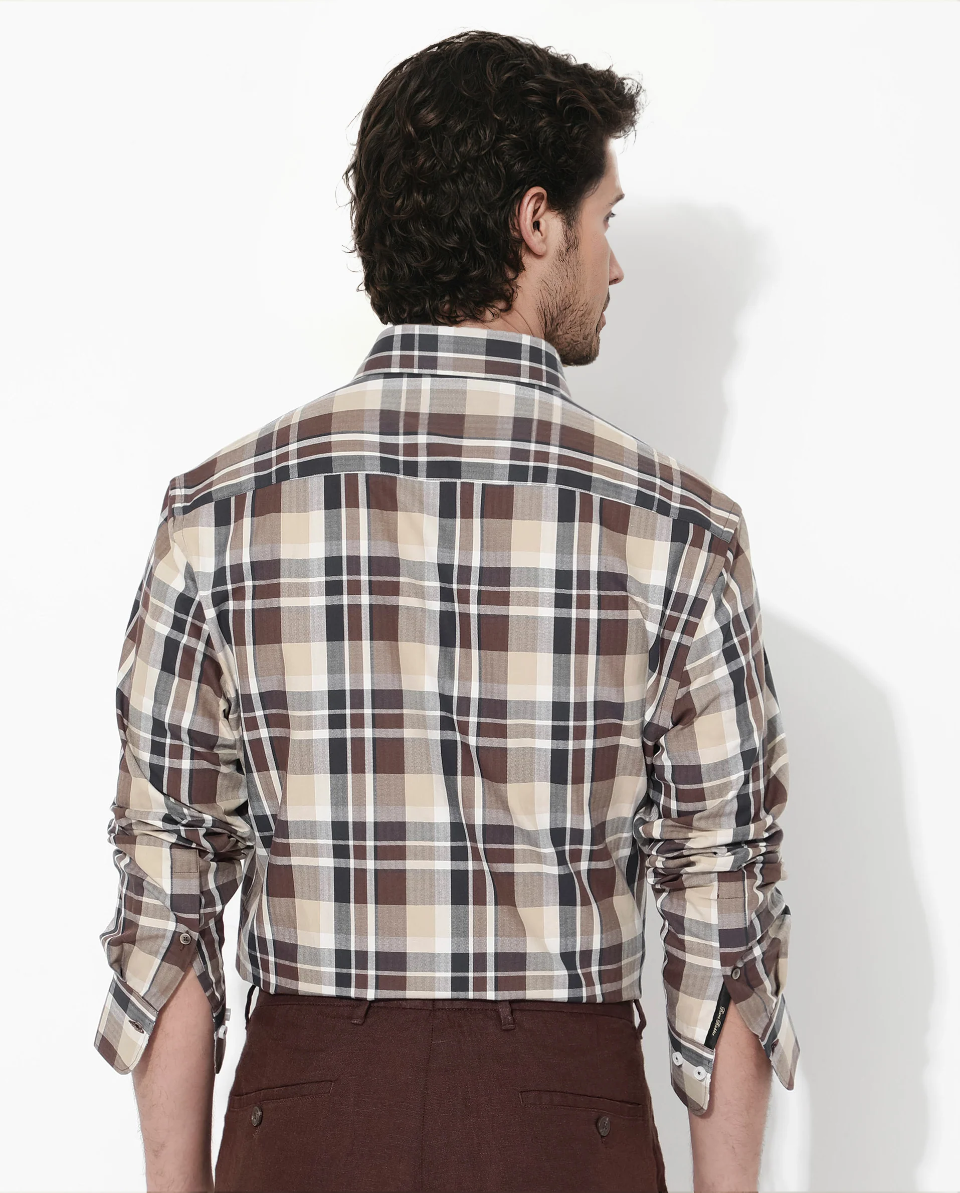 Rare Rabbit Men's Dae Brown Cotton Checked Print Regular Fit Full Sleeve Collared Shirt - Image 8