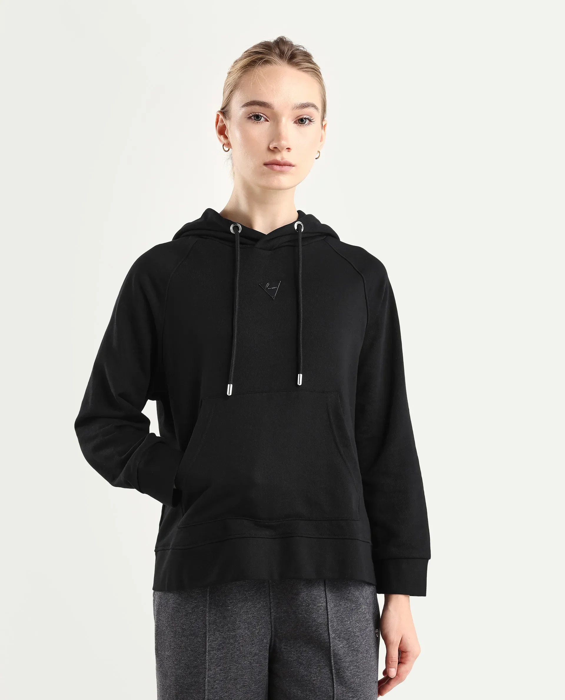 Rareism Women's Dae Black Cotton Blend Hooded Plain Relaxed Fit Sweatshirt - Image 3