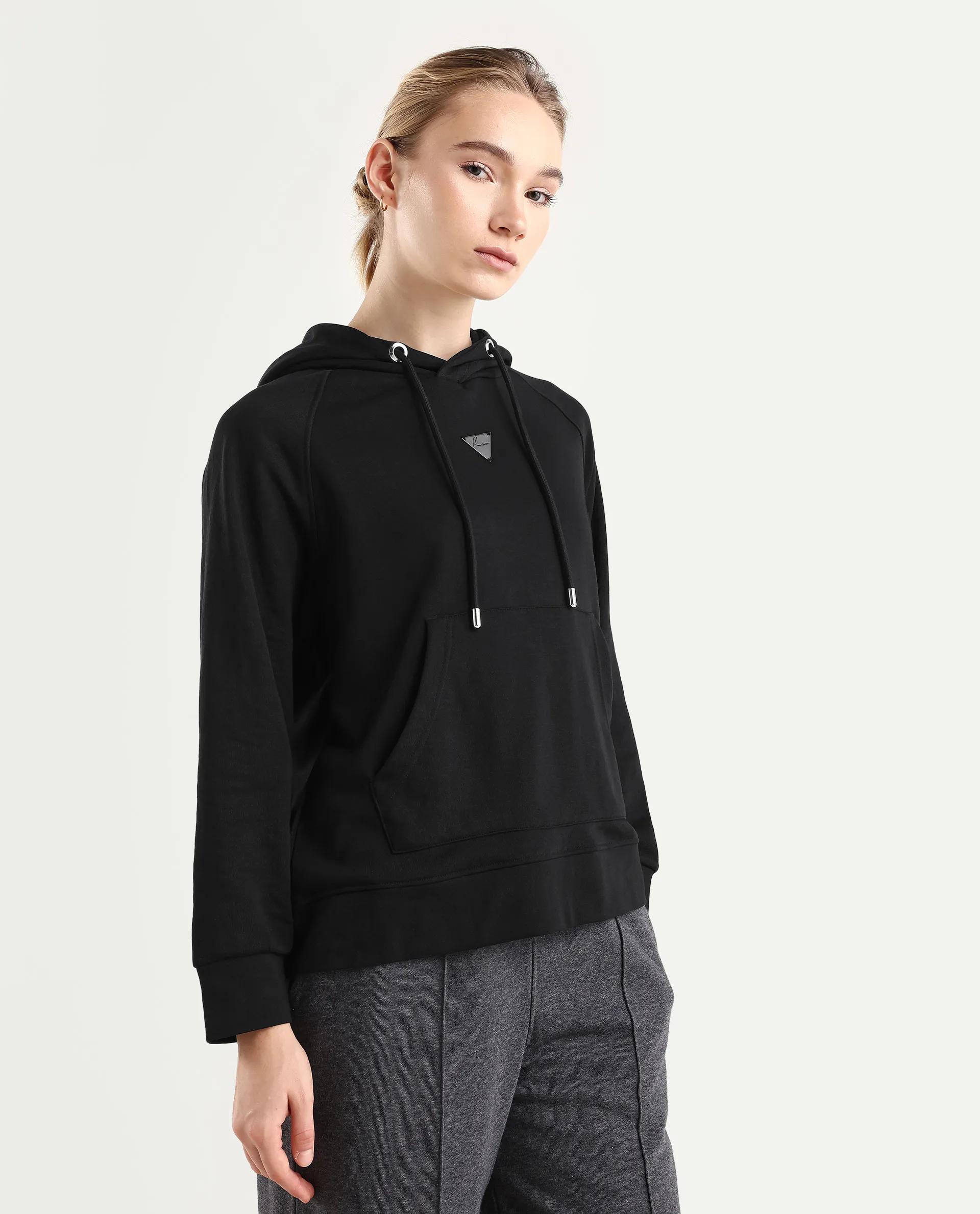 Rareism Women's Dae Black Cotton Blend Hooded Plain Relaxed Fit Sweatshirt - Image 7