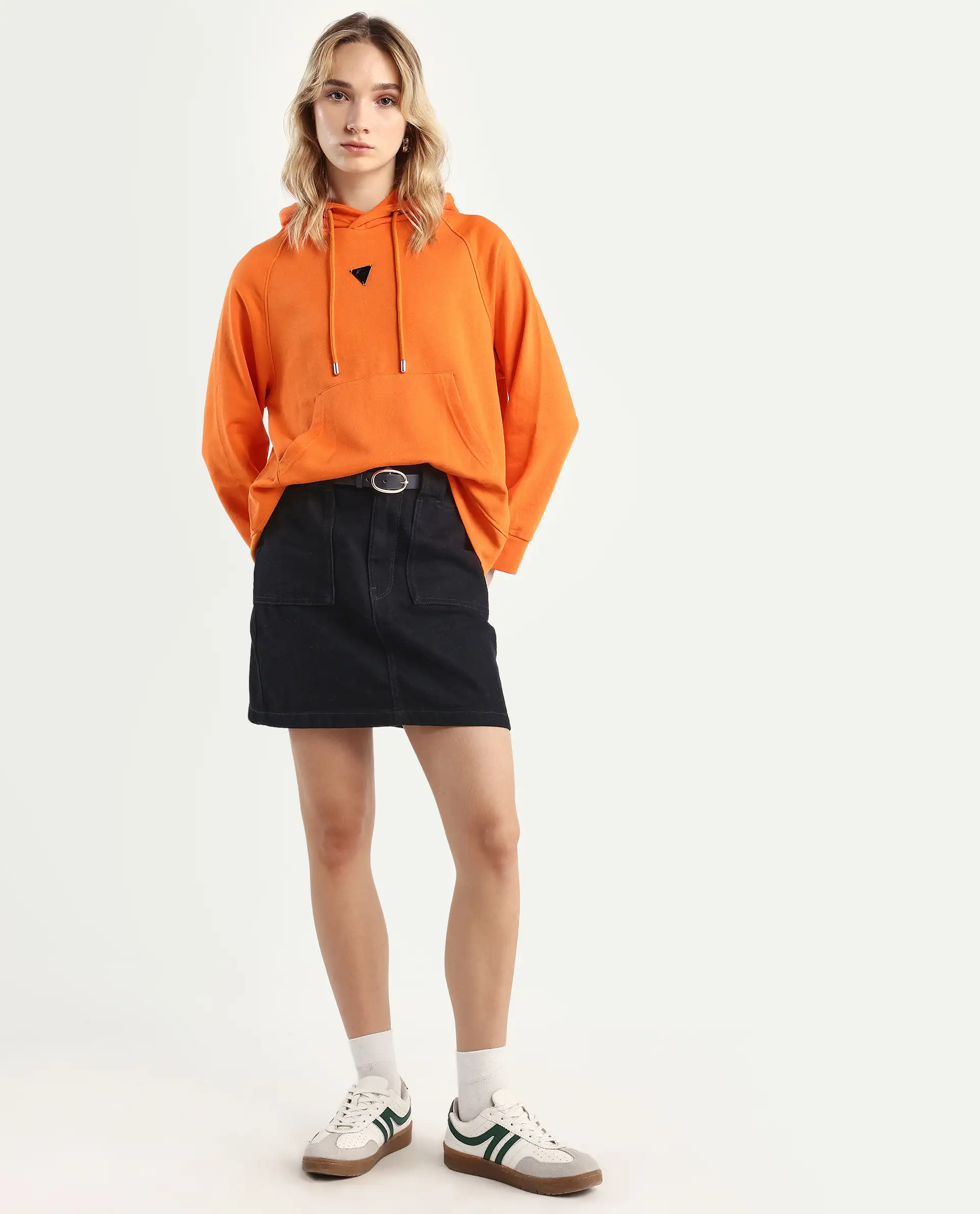 Rareism Women's Dae Orange Cotton Blend Hooded Plain Relaxed Fit Sweatshirt - Image 2