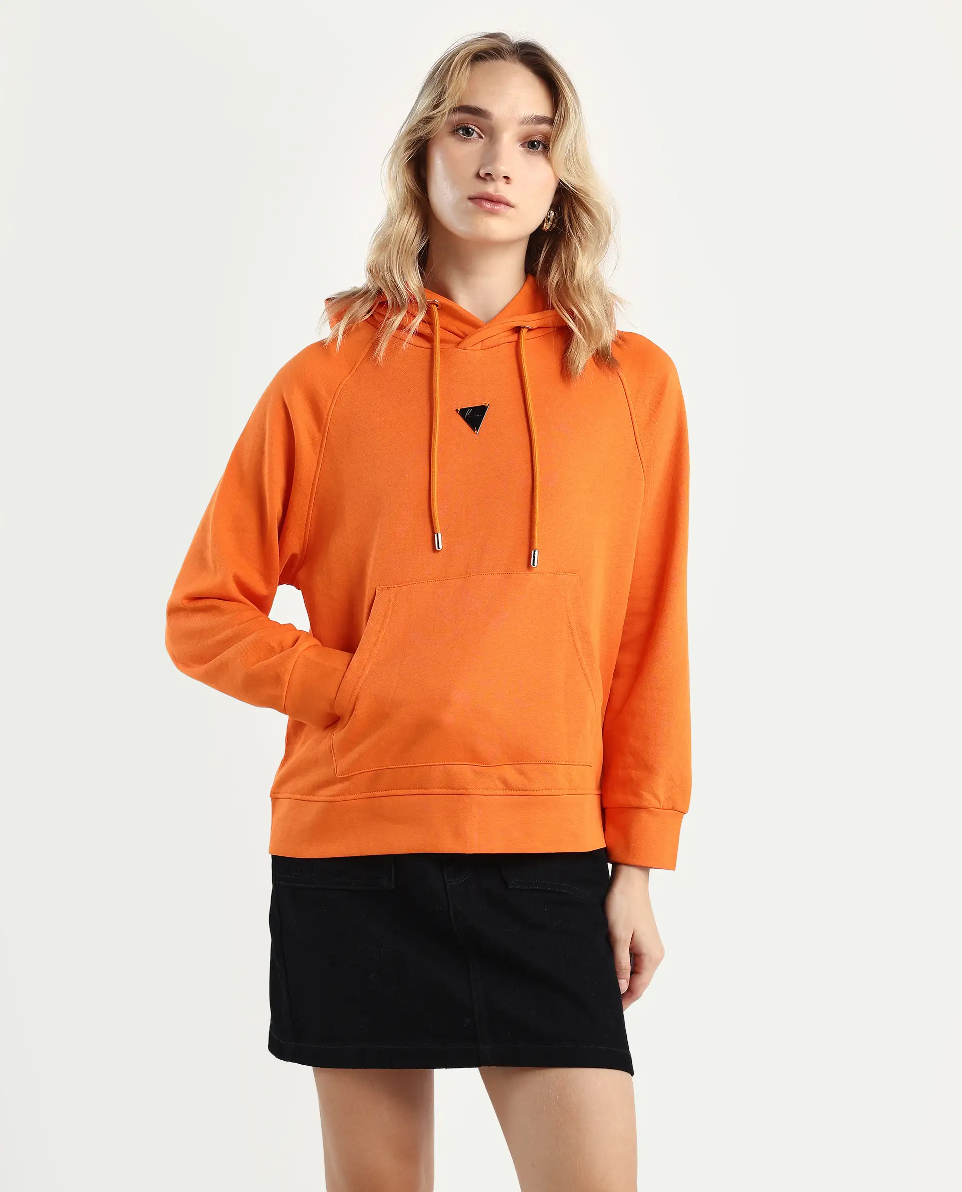 Rareism Women's Dae Orange Cotton Blend Hooded Plain Relaxed Fit Sweatshirt - Image 3