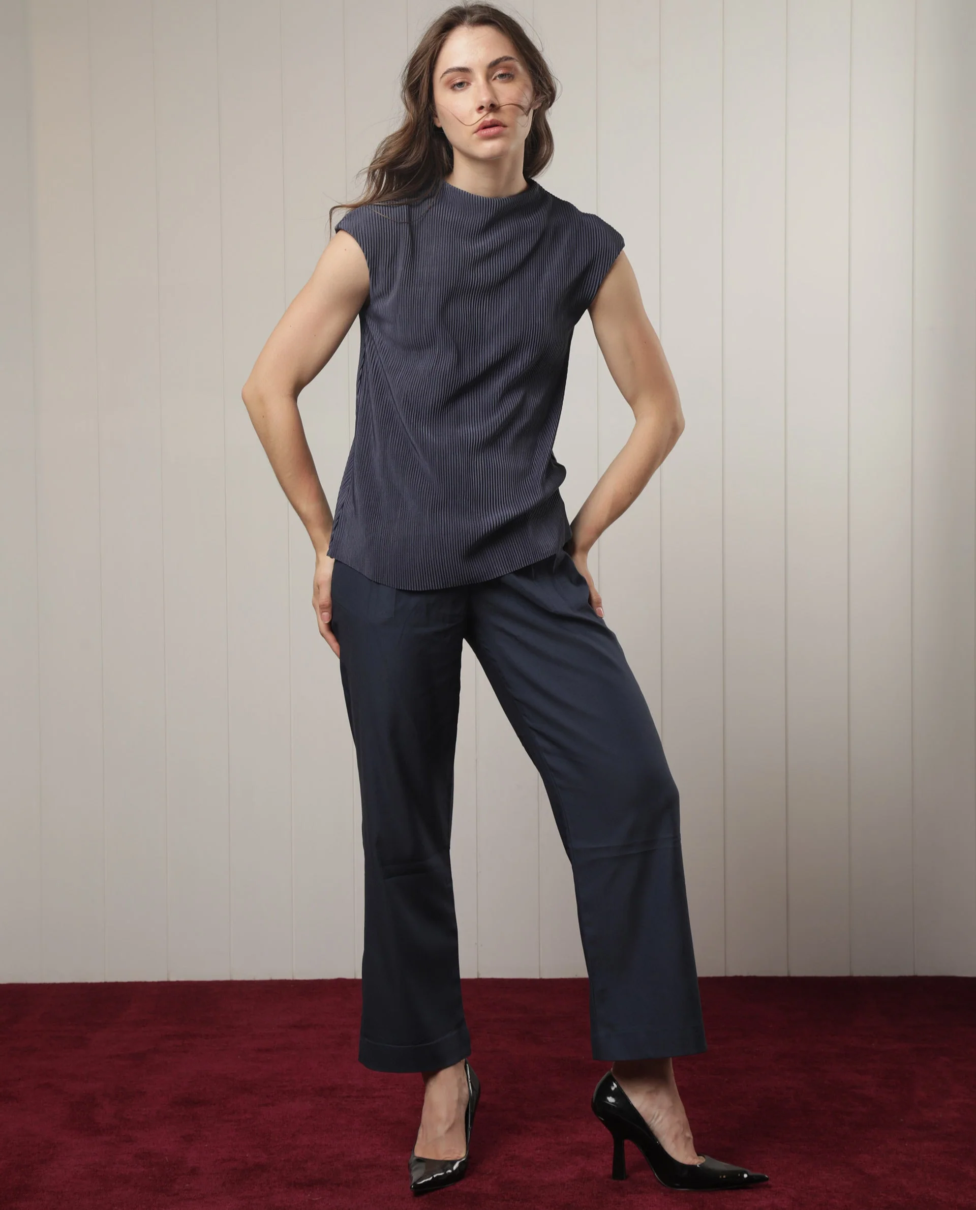 Rareism Women's Daffo Navy Polyester High Neck Textured Sleeveless Relaxed Fit Top - Image 3