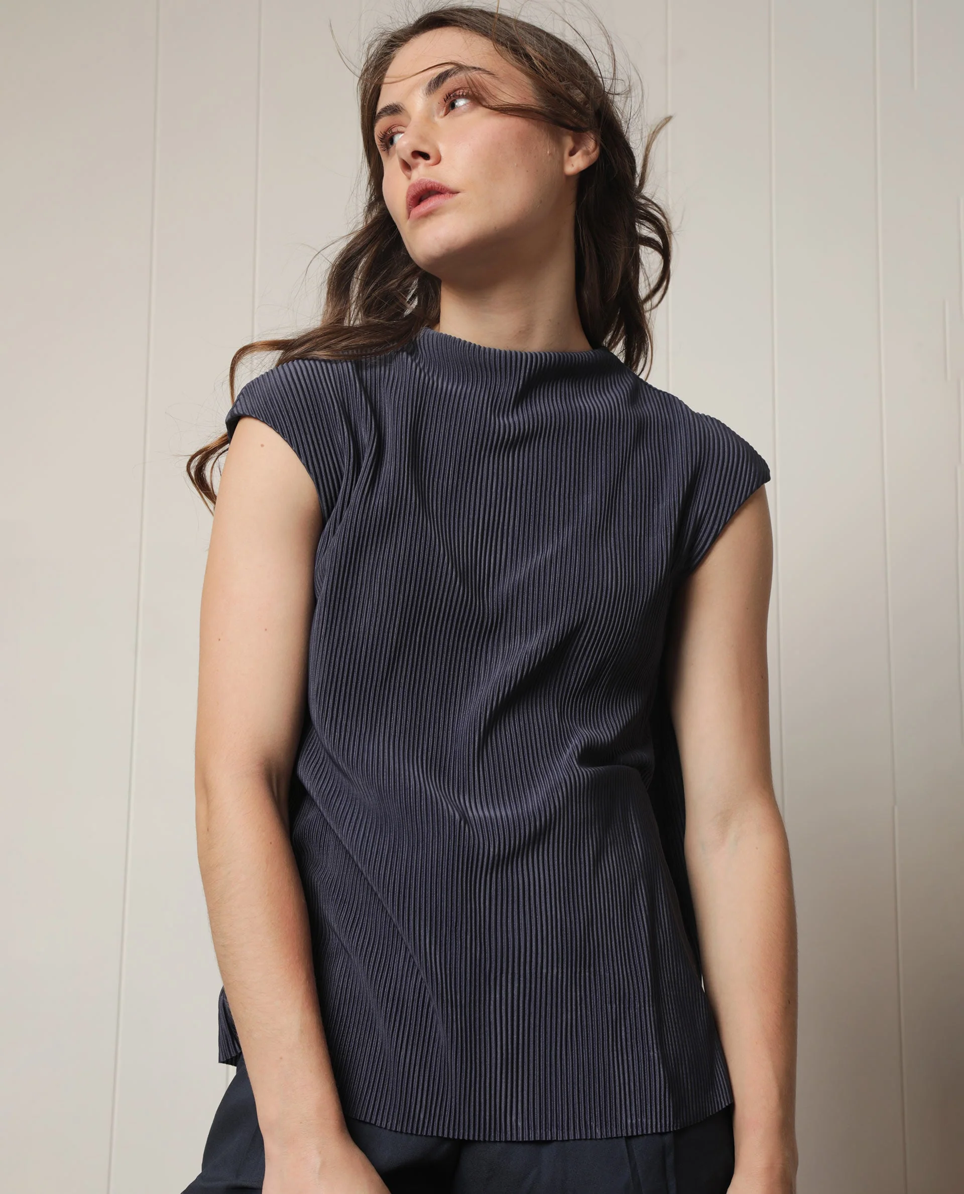Rareism Women's Daffo Navy Polyester High Neck Textured Sleeveless Relaxed Fit Top - Image 4