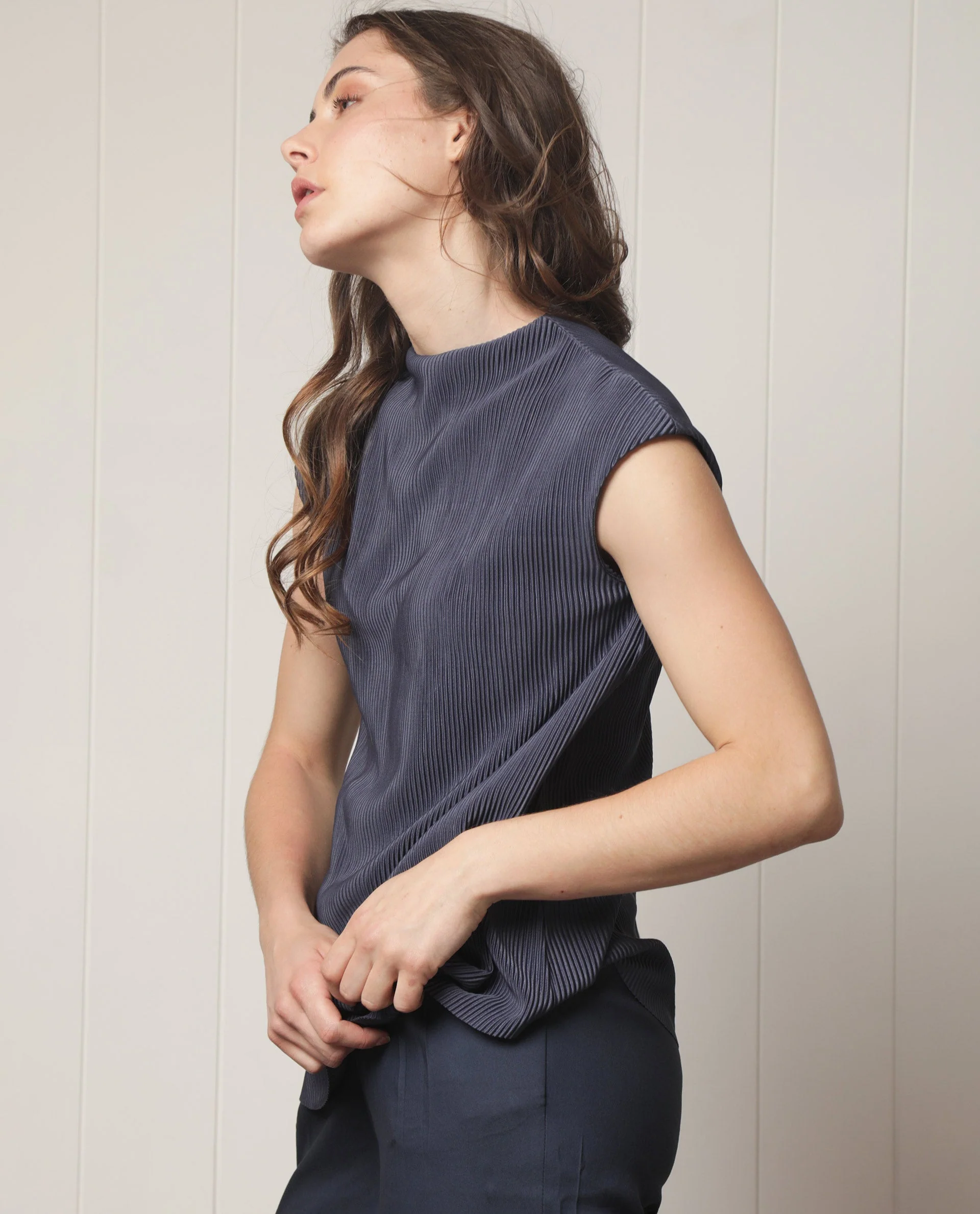 Rareism Women's Daffo Navy Polyester High Neck Textured Sleeveless Relaxed Fit Top - Image 6