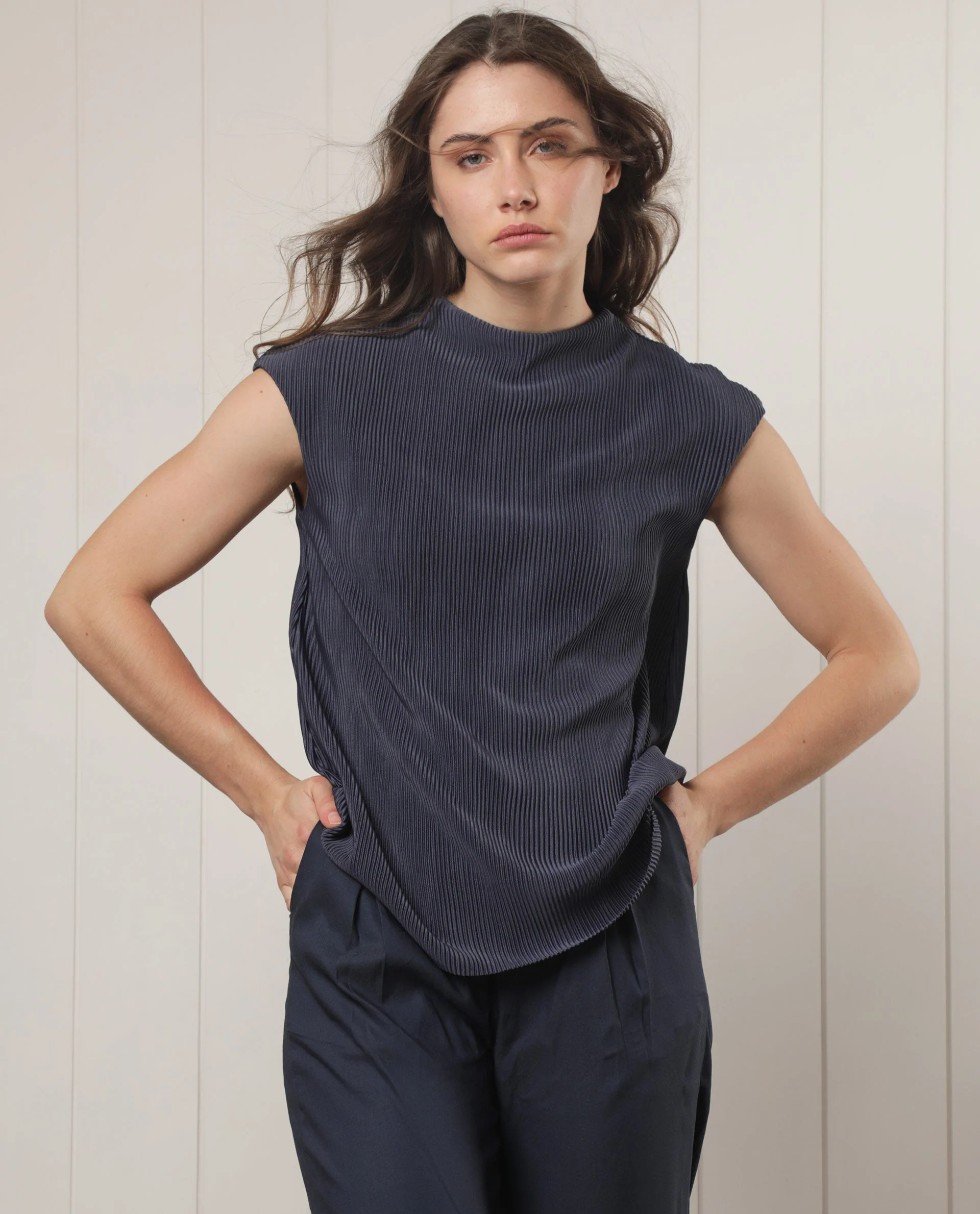 Rareism Women's Daffo Navy Polyester High Neck Textured Sleeveless Relaxed Fit Top - Image 8