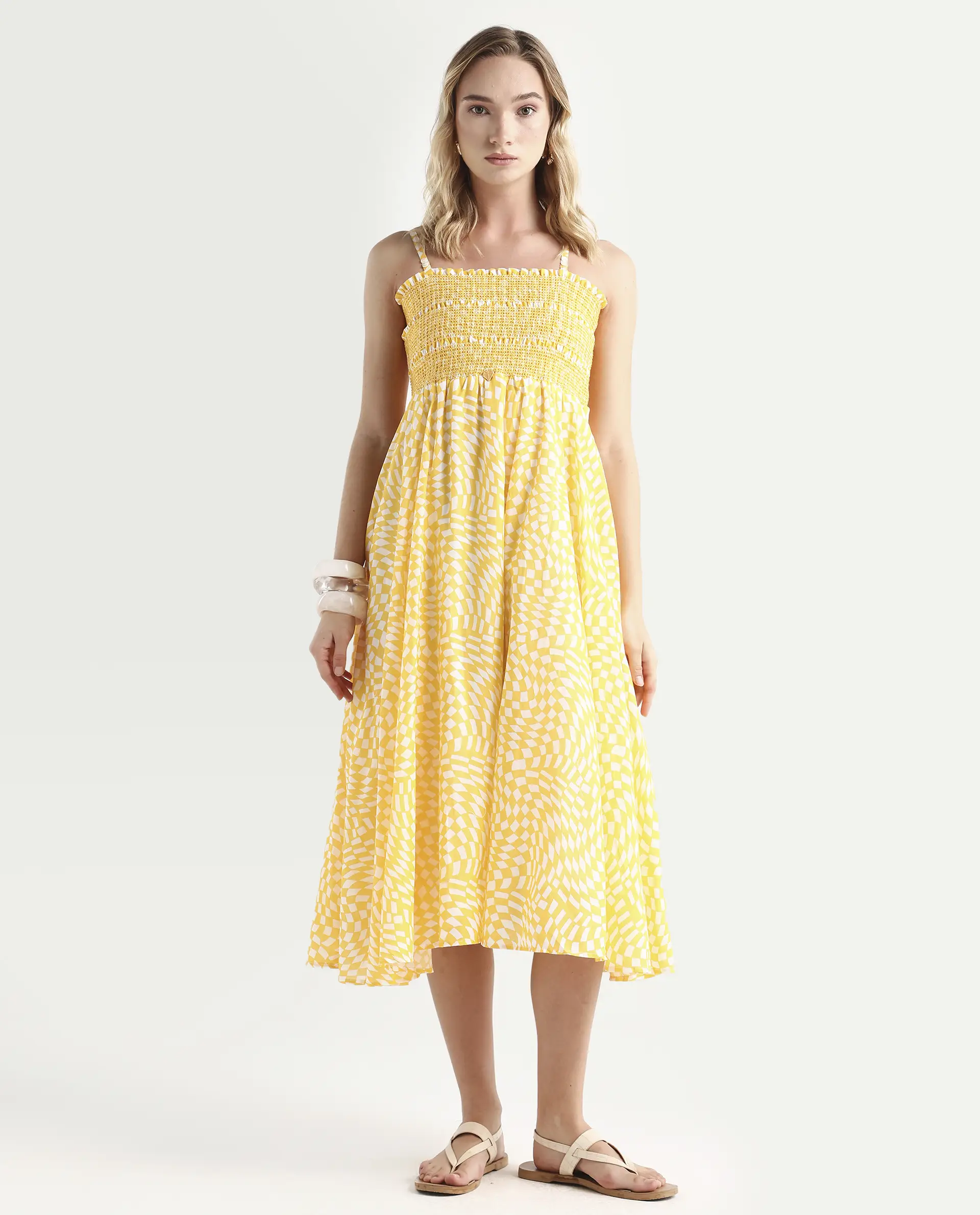 Rareism Women's Daffodil Yellow Cotton Tube Neck Printed Shoulder Strap Knee Length Regular Fit Dress - Image 2