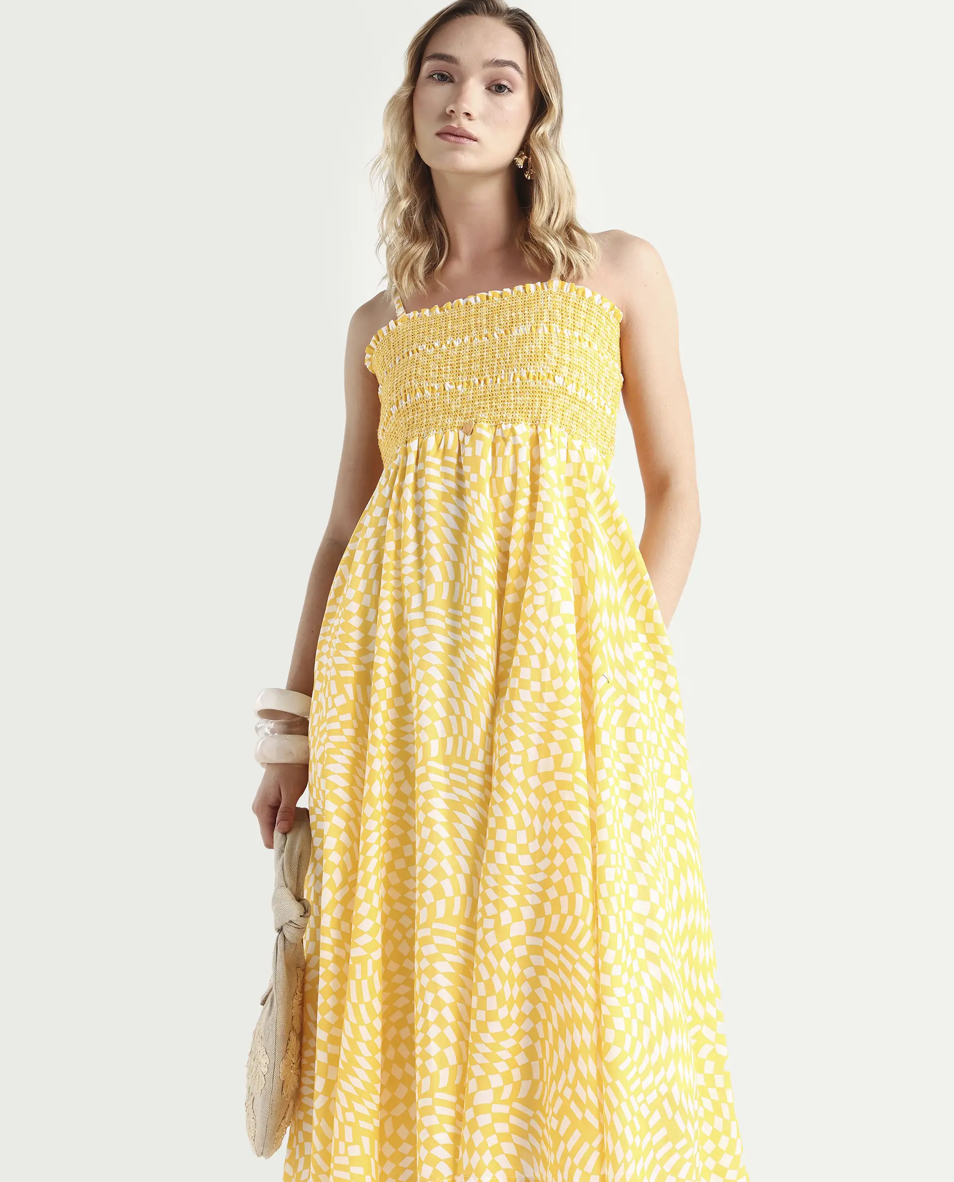 Rareism Women's Daffodil Yellow Cotton Tube Neck Printed Shoulder Strap Knee Length Regular Fit Dress - Image 3