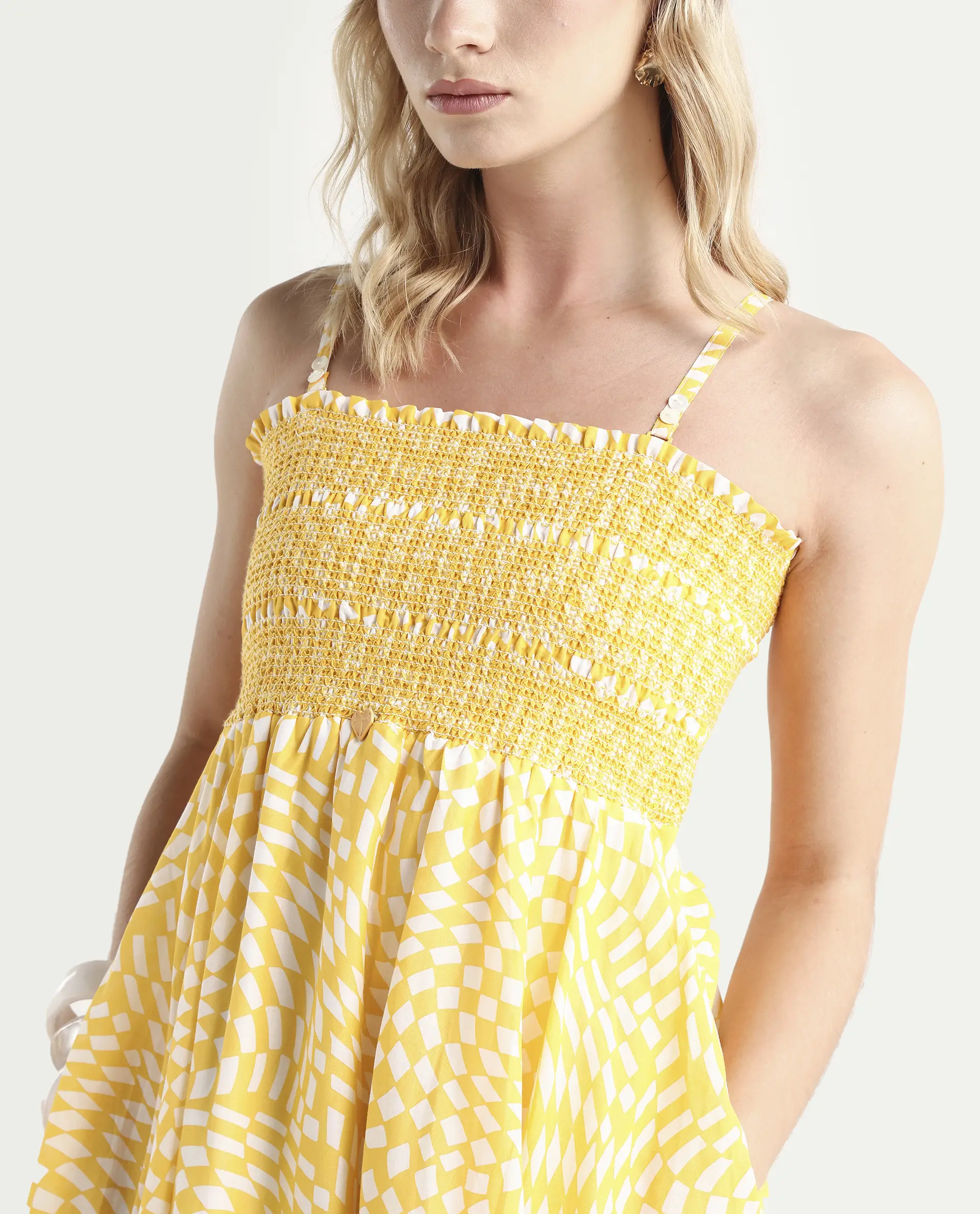 Rareism Women's Daffodil Yellow Cotton Tube Neck Printed Shoulder Strap Knee Length Regular Fit Dress - Image 4