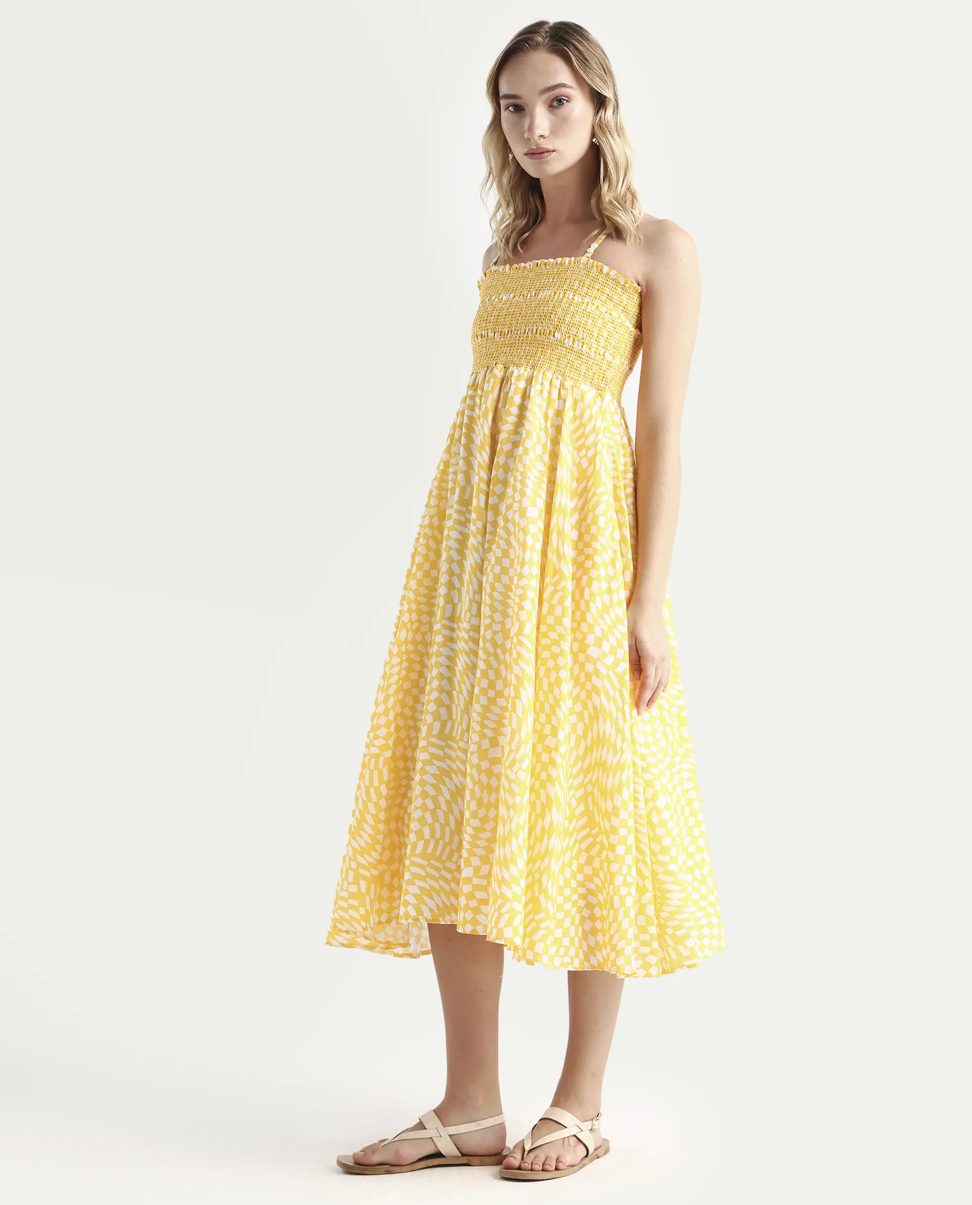 Rareism Women's Daffodil Yellow Cotton Tube Neck Printed Shoulder Strap Knee Length Regular Fit Dress - Image 5