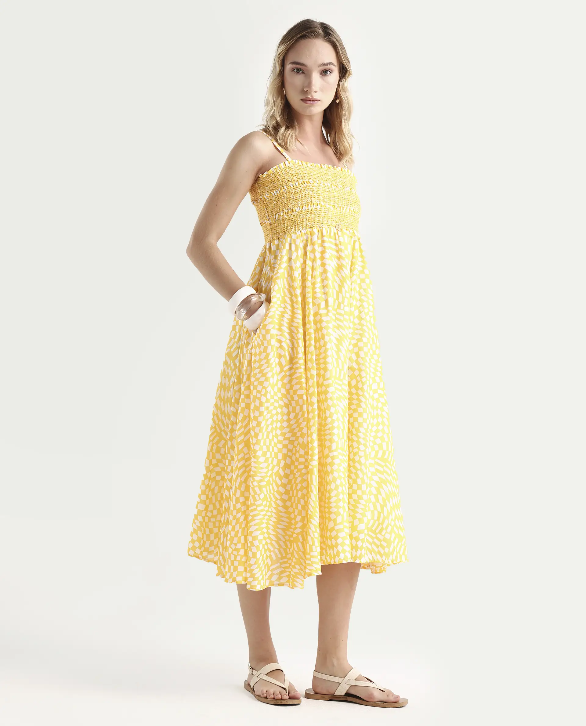 Rareism Women's Daffodil Yellow Cotton Tube Neck Printed Shoulder Strap Knee Length Regular Fit Dress - Image 6
