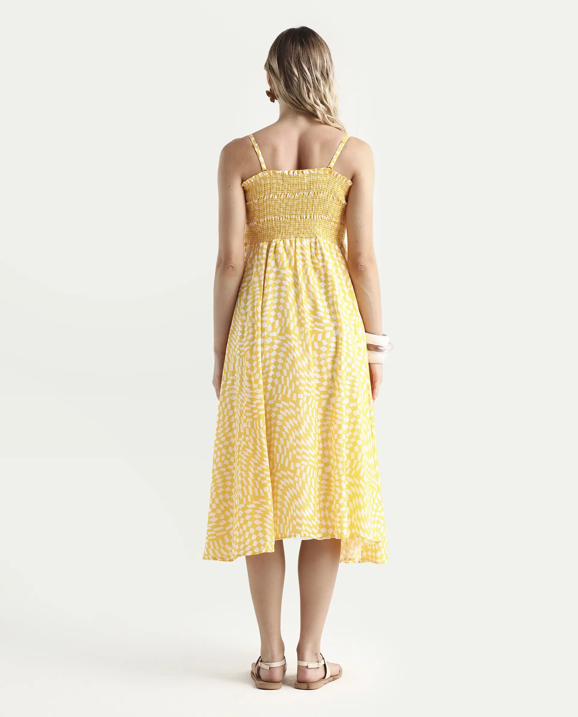 Rareism Women's Daffodil Yellow Cotton Tube Neck Printed Shoulder Strap Knee Length Regular Fit Dress - Image 7