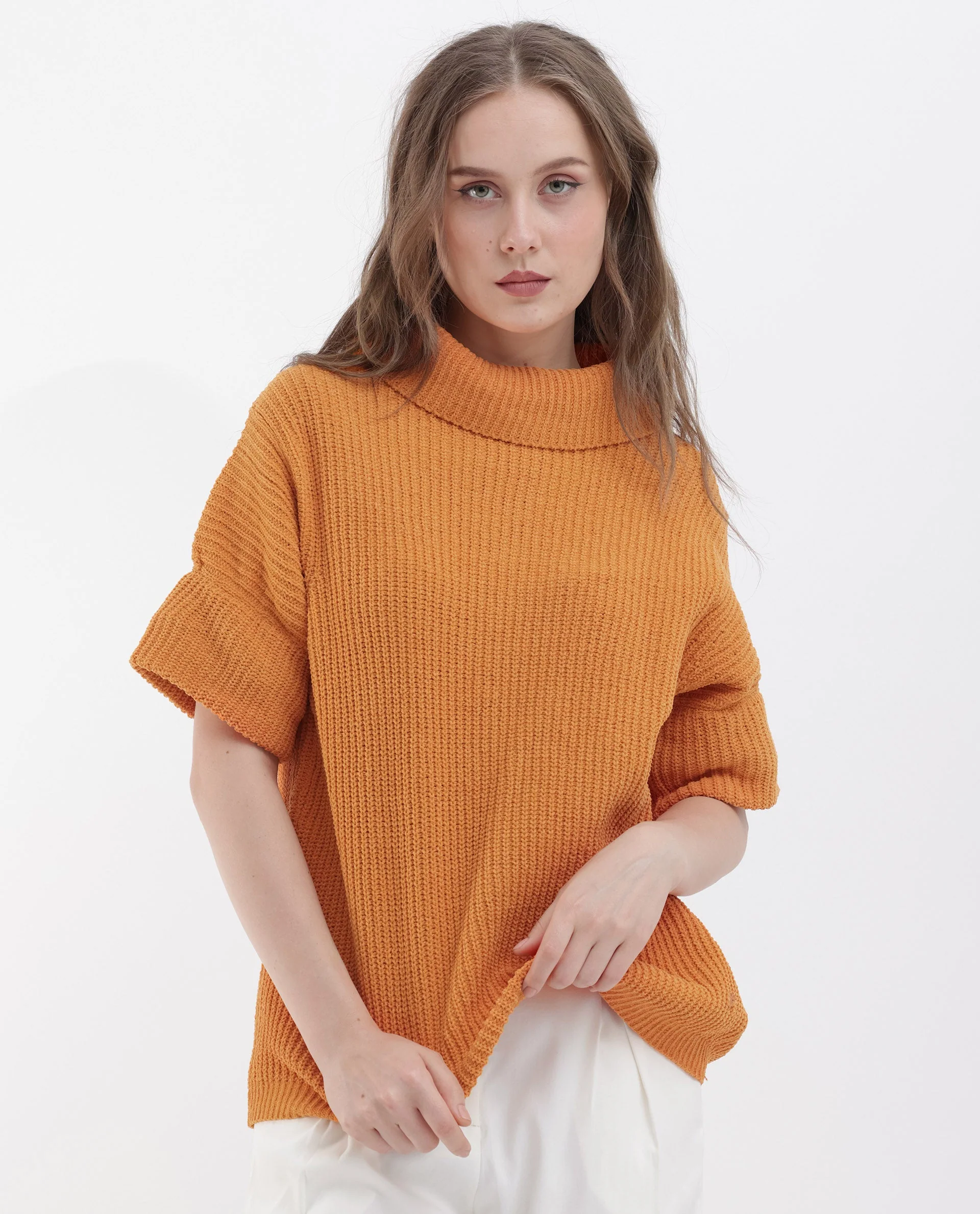 Rareism Women's Daffy 1 Orange Cotton High Neck Plain Relaxed Fit Sweater