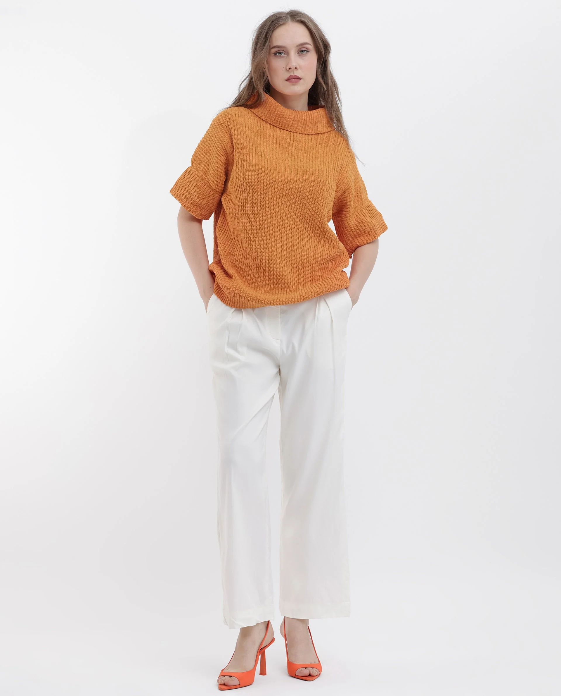 Rareism Women's Daffy 1 Orange Cotton High Neck Plain Relaxed Fit Sweater - Image 2