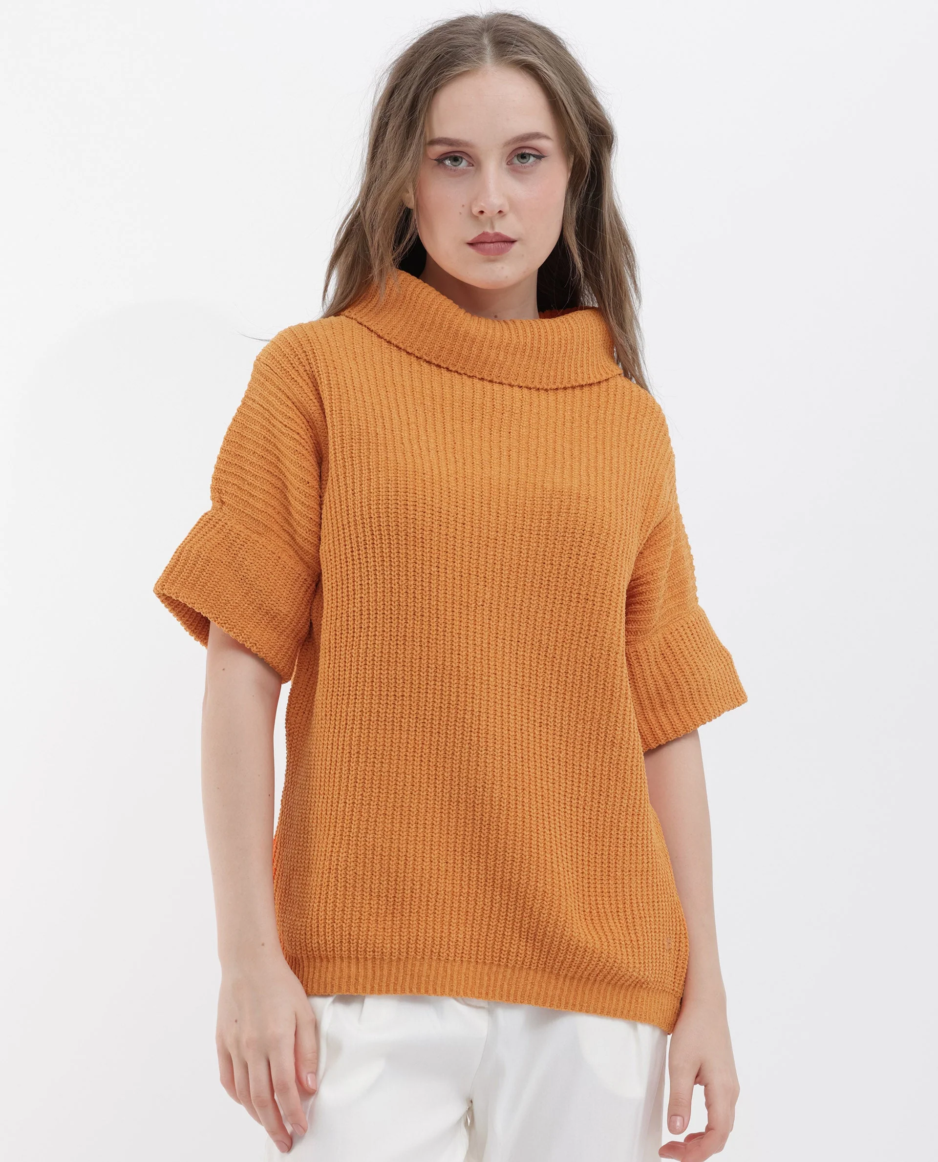 Rareism Women's Daffy 1 Orange Cotton High Neck Plain Relaxed Fit Sweater - Image 3
