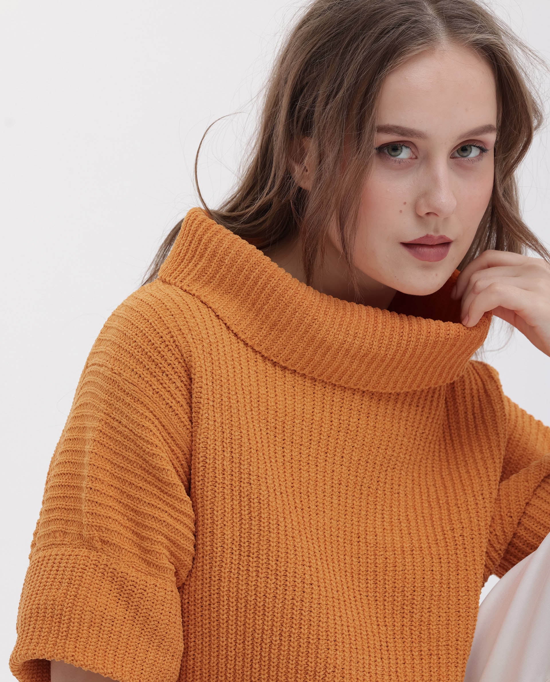 Rareism Women's Daffy 1 Orange Cotton High Neck Plain Relaxed Fit Sweater - Image 4