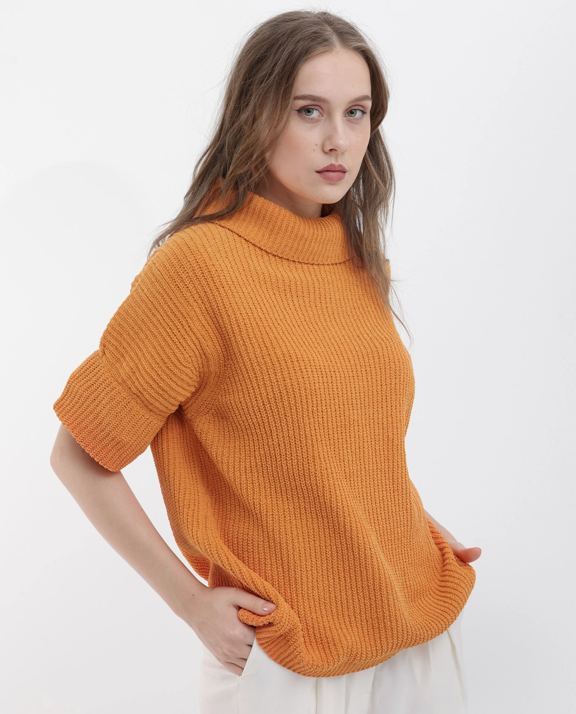 Rareism Women's Daffy 1 Orange Cotton High Neck Plain Relaxed Fit Sweater - Image 7