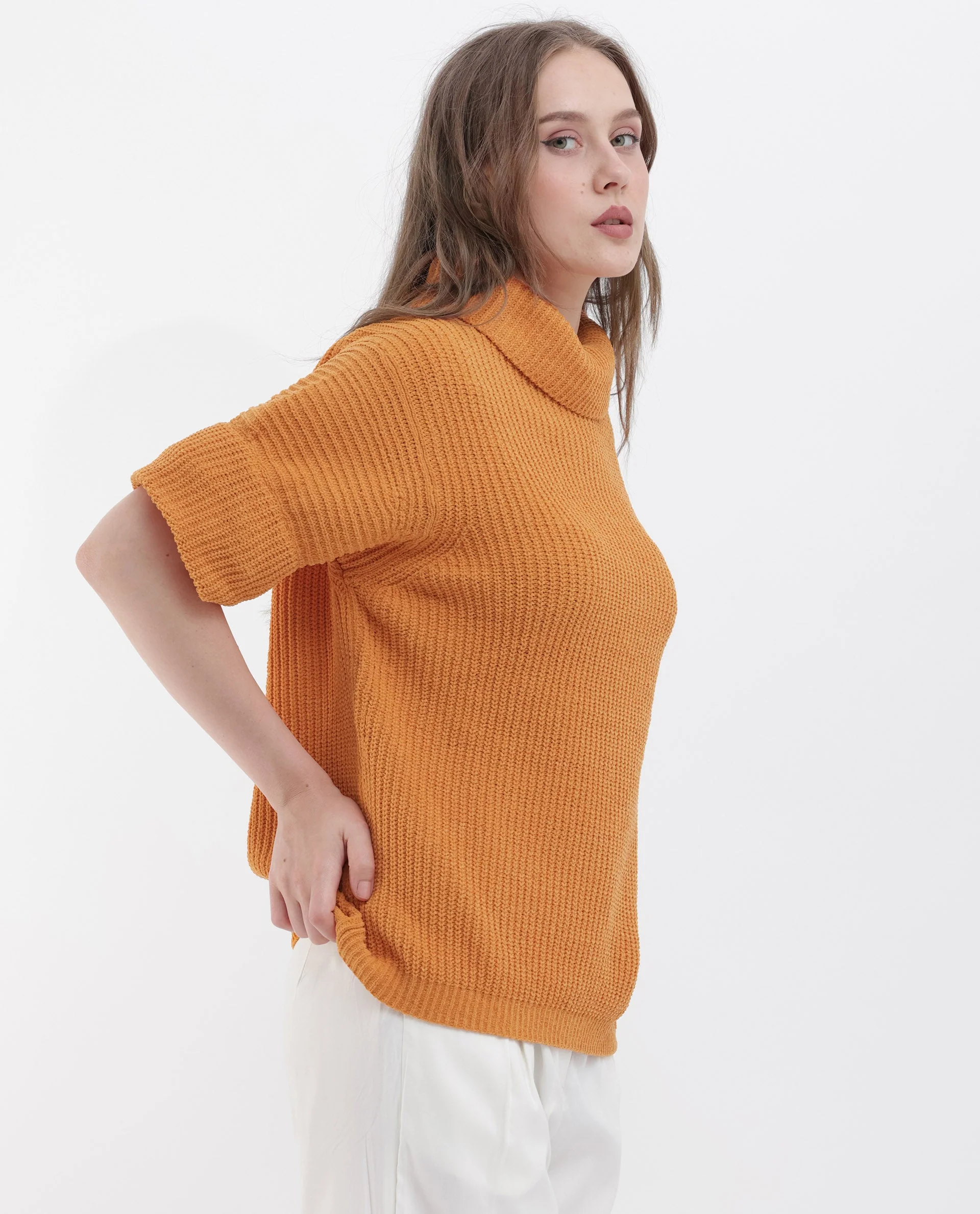 Rareism Women's Daffy 1 Orange Cotton High Neck Plain Relaxed Fit Sweater - Image 8