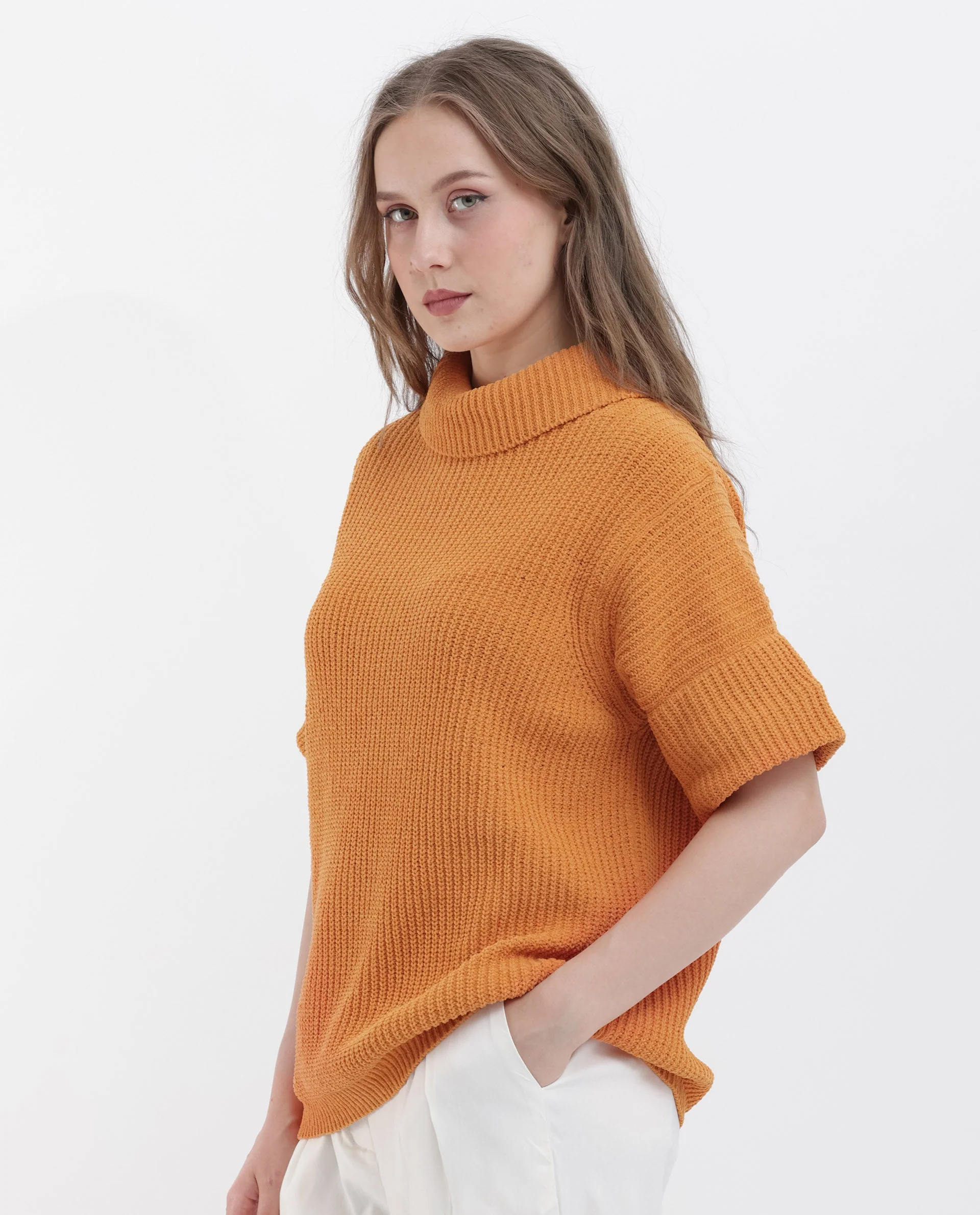 Rareism Women's Daffy 1 Orange Cotton High Neck Plain Relaxed Fit Sweater - Image 9