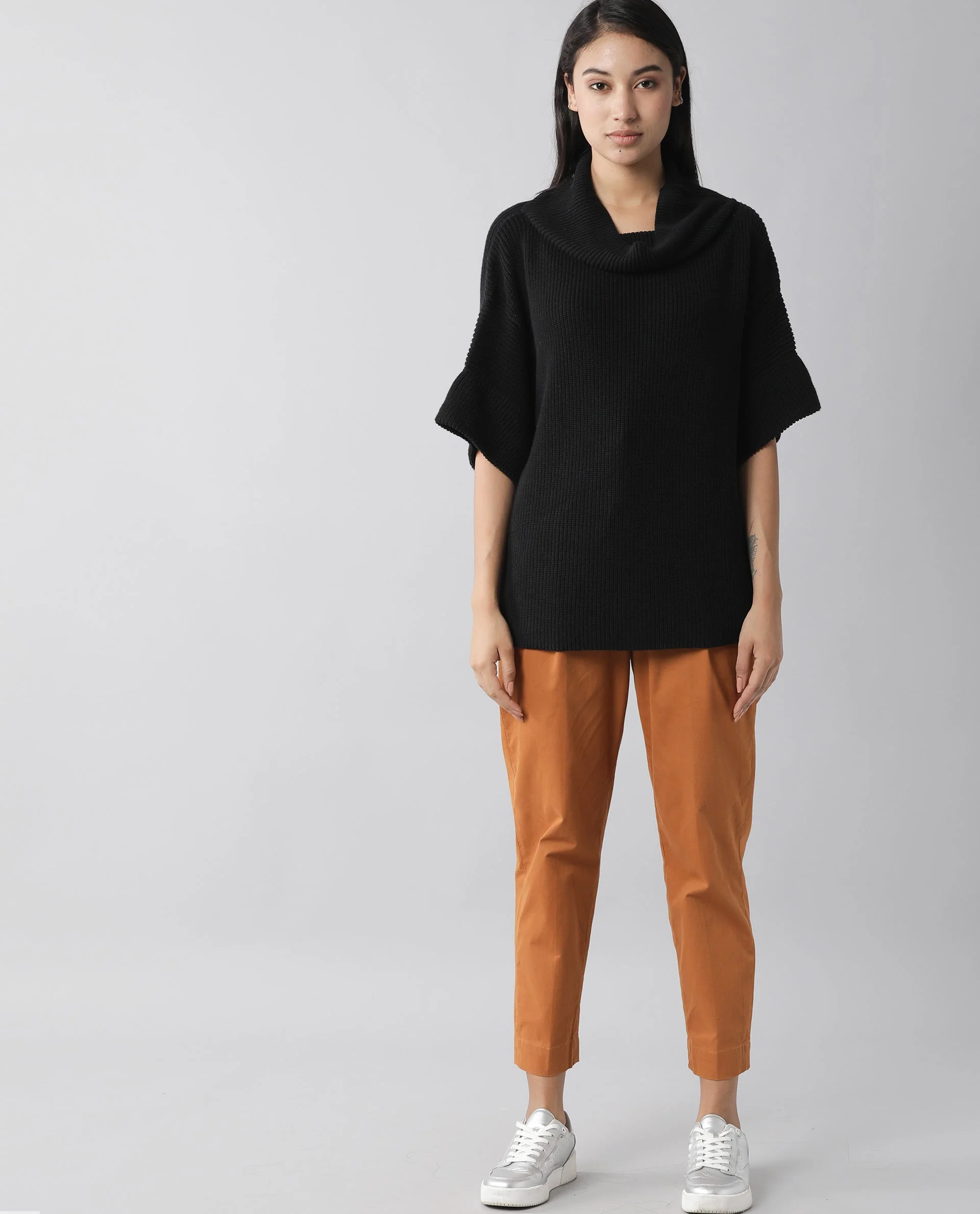 Rareism Women's Daffy Black Cotton Cowl Neck Plain Cuffed Sleeve Relaxed Fit Sweater - Image 3