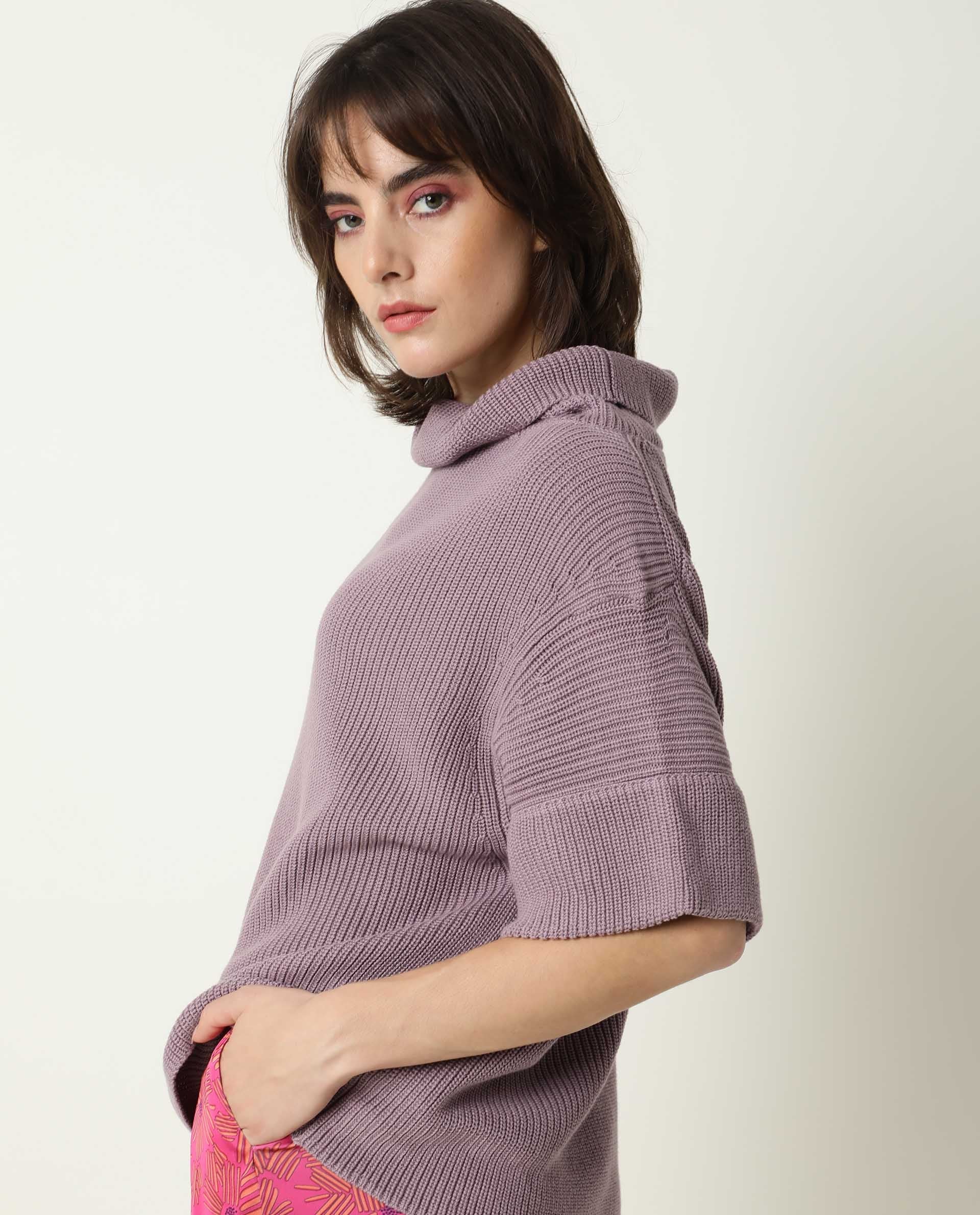 Rareism Women's Daffy Purple Cotton Cowl Neck Plain Cuffed Sleeve Relaxed Fit Sweater - Image 5