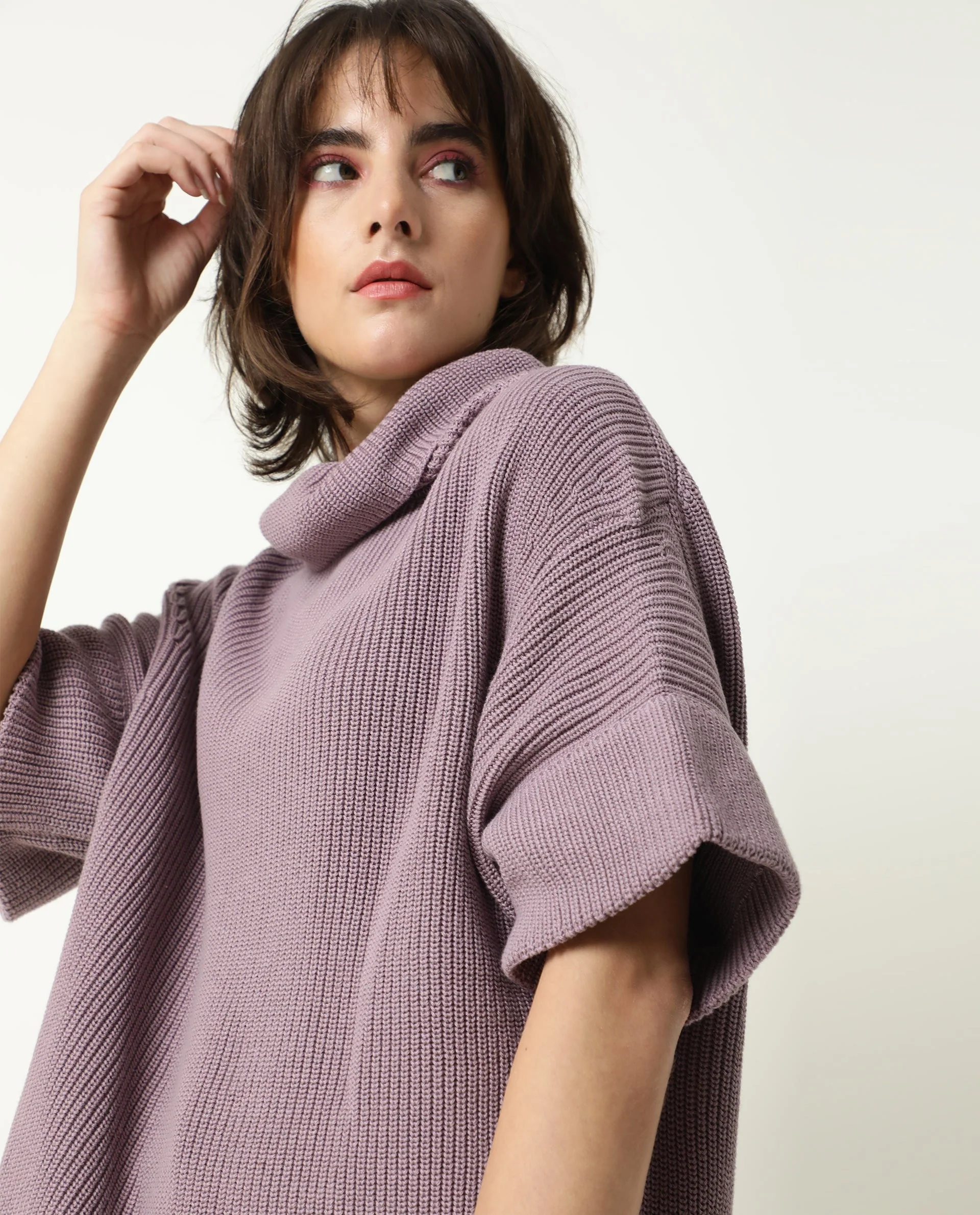 Rareism Women's Daffy Purple Cotton Cowl Neck Plain Cuffed Sleeve Relaxed Fit Sweater - Image 6