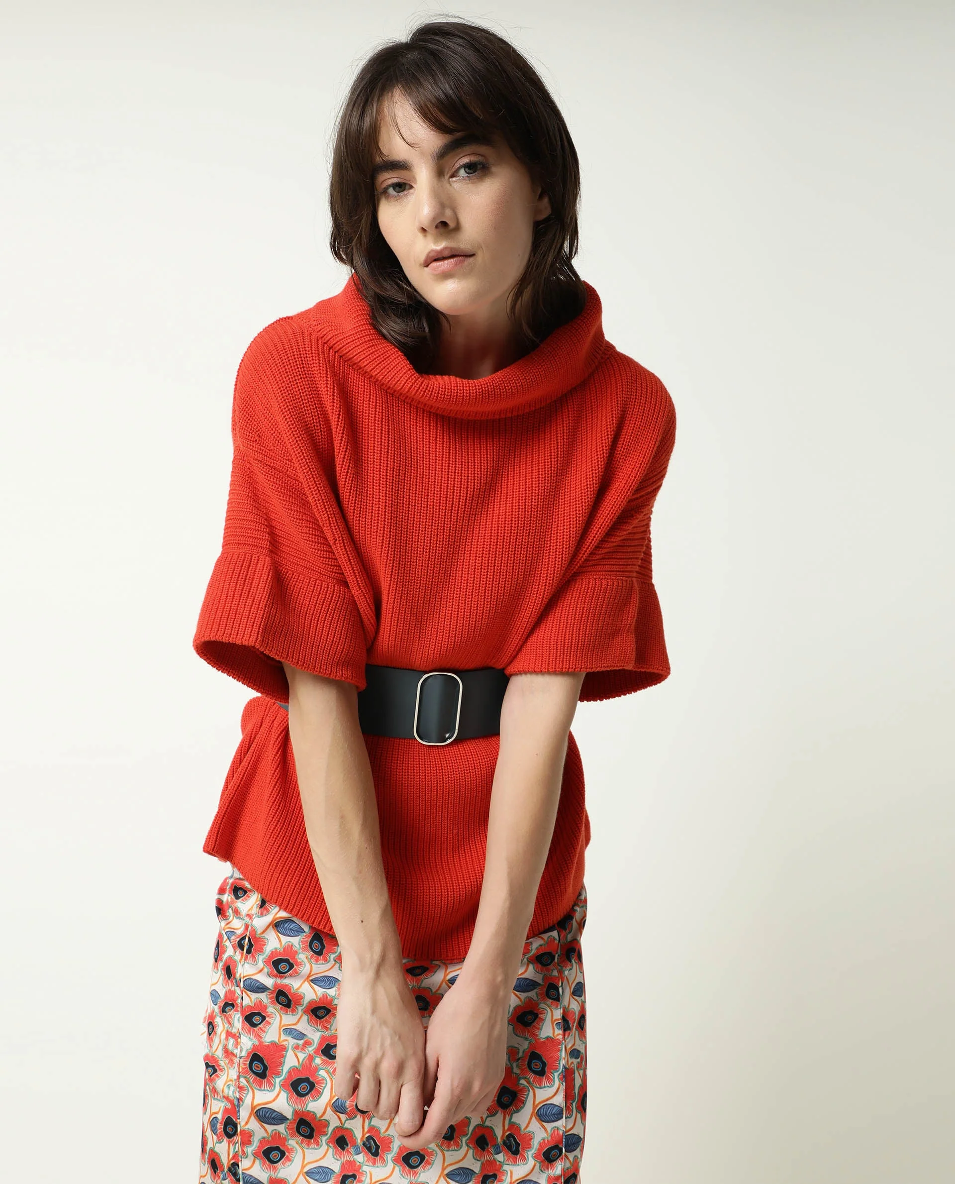 Rareism Women's Daffy Orange Cotton Cowl Neck Plain Cuffed Sleeve Relaxed Fit Sweater - Image 13
