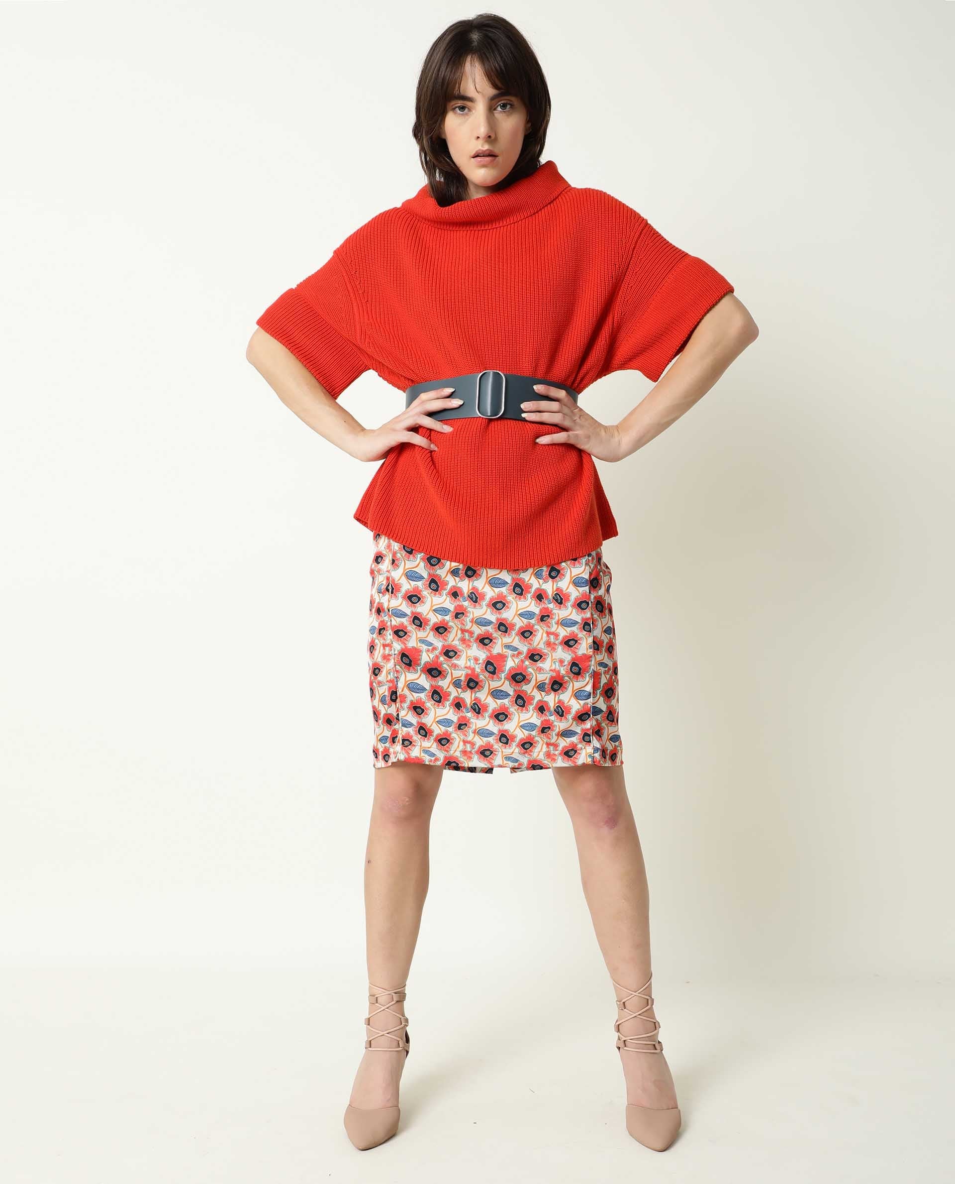 Rareism Women's Daffy Orange Cotton Cowl Neck Plain Cuffed Sleeve Relaxed Fit Sweater - Image 16