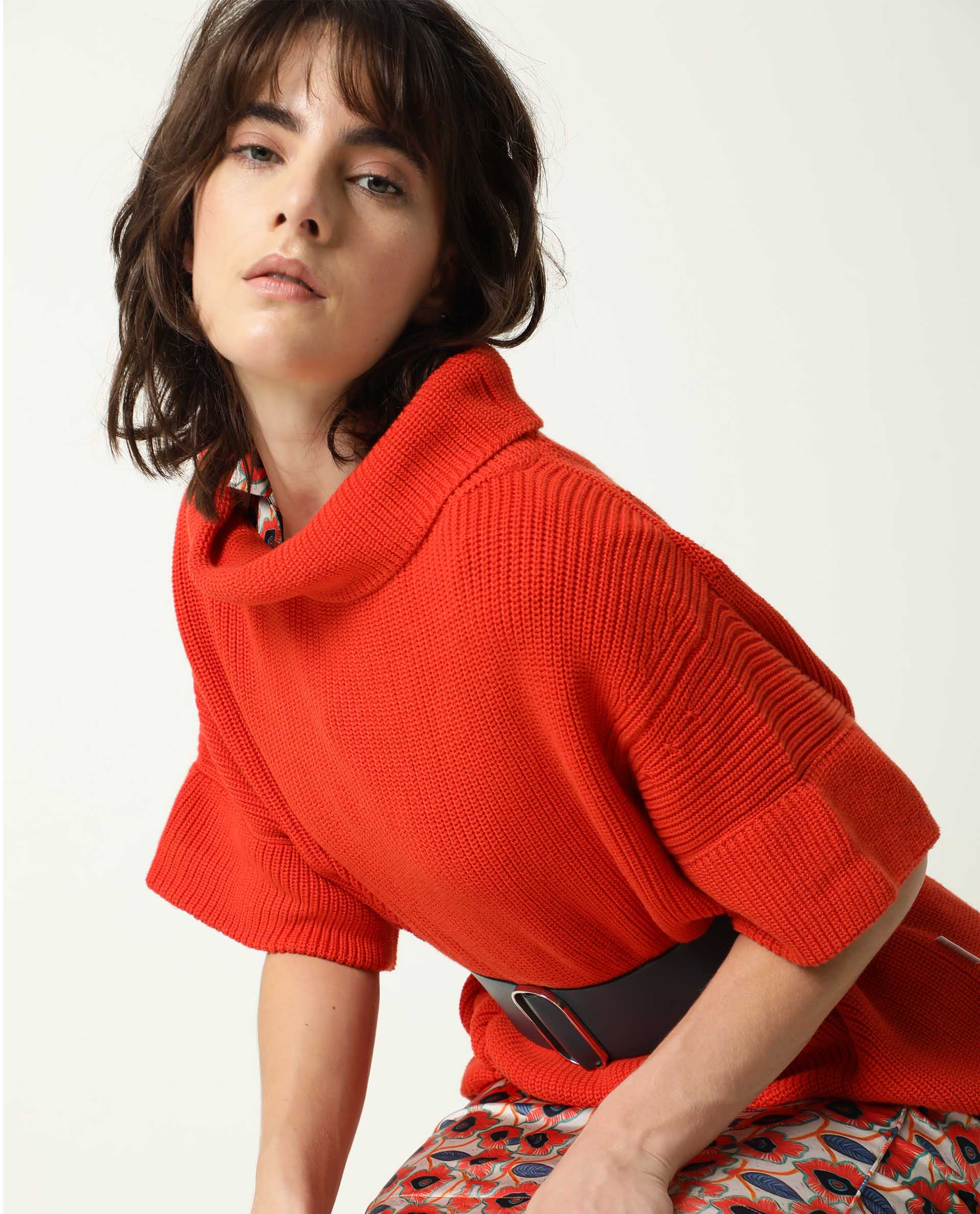 Rareism Women's Daffy Orange Cotton Cowl Neck Plain Cuffed Sleeve Relaxed Fit Sweater - Image 17