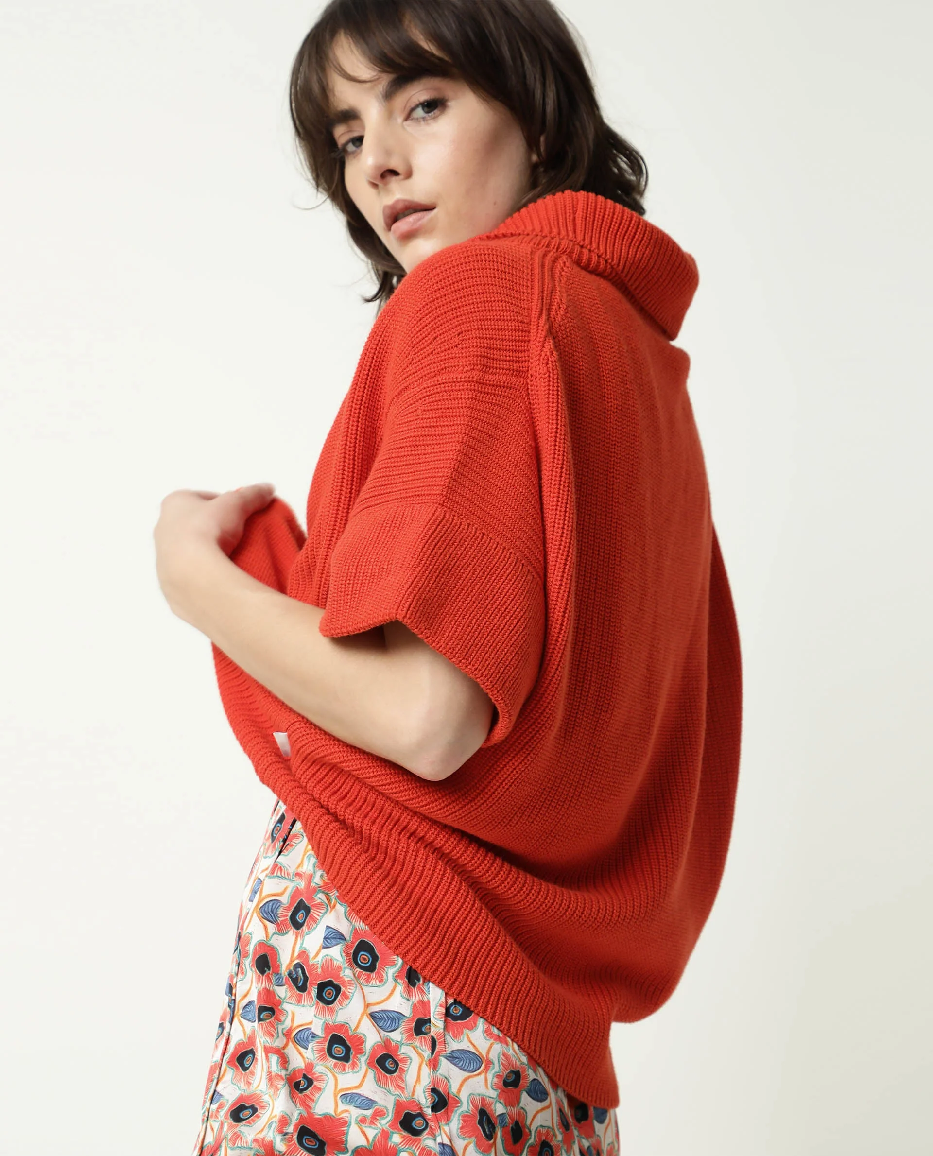 Rareism Women's Daffy Orange Cotton Cowl Neck Plain Cuffed Sleeve Relaxed Fit Sweater - Image 3