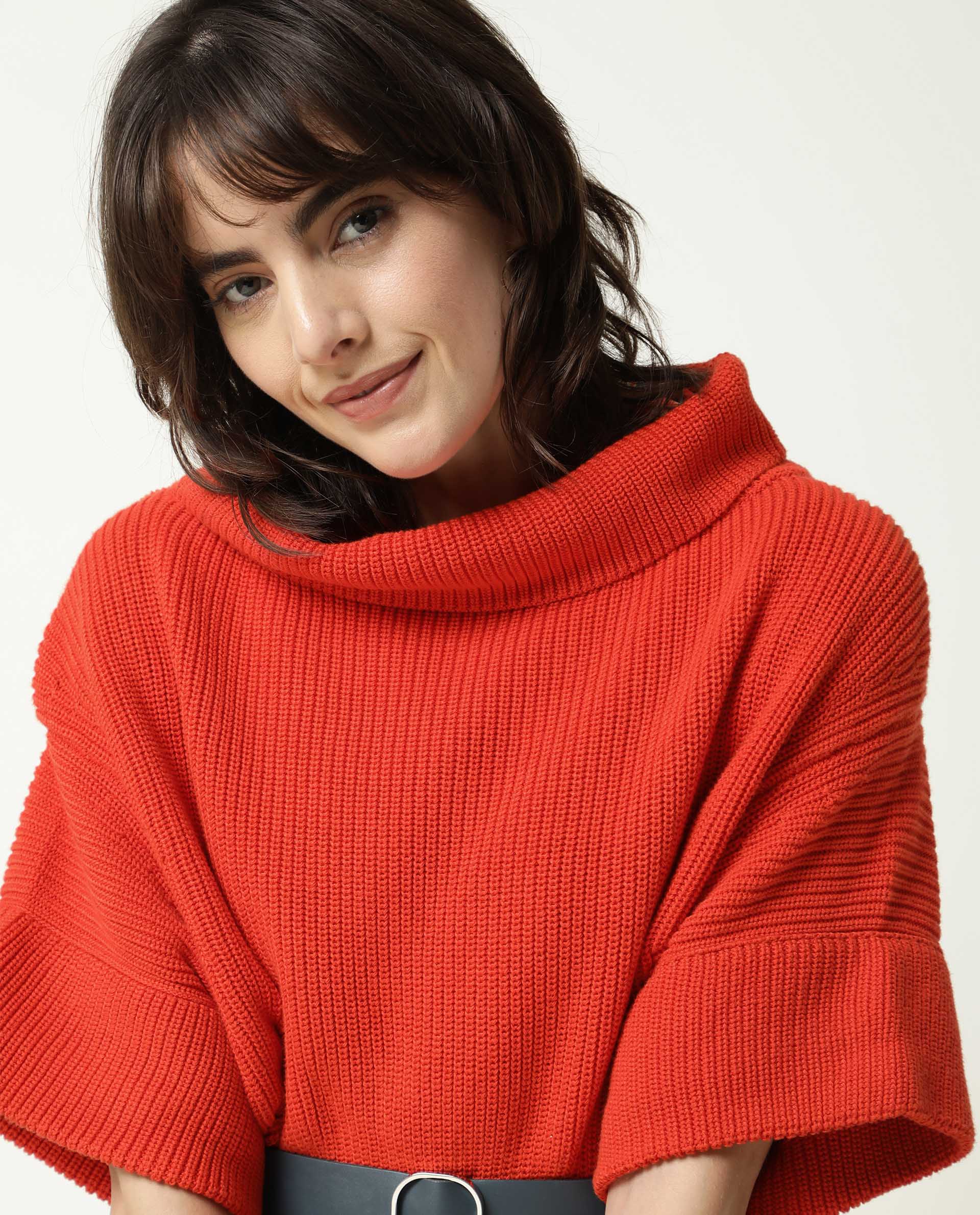 Rareism Women's Daffy Orange Cotton Cowl Neck Plain Cuffed Sleeve Relaxed Fit Sweater - Image 5