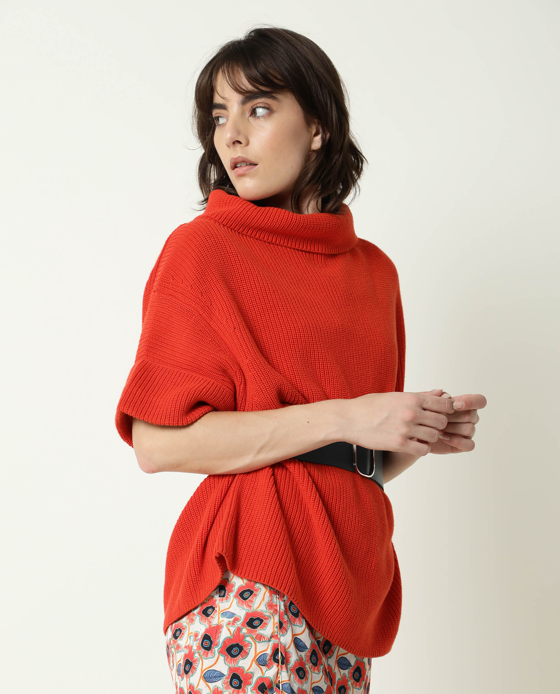 Rareism Women's Daffy Orange Cotton Cowl Neck Plain Cuffed Sleeve Relaxed Fit Sweater - Image 7