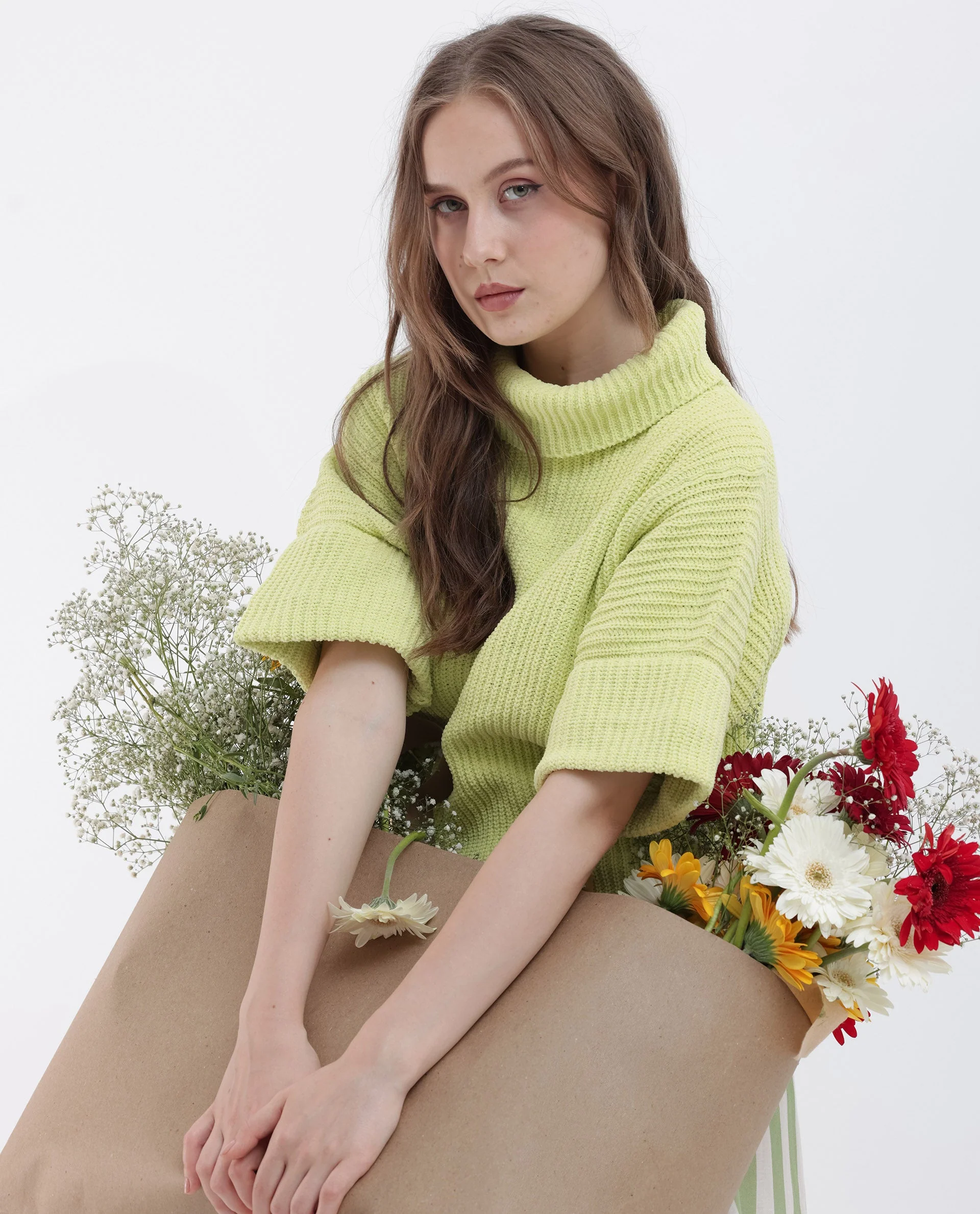 Rareism Women's Daffy 1 Flouroscent Yellow Cotton High Neck Plain Relaxed Fit Sweater - Image 4