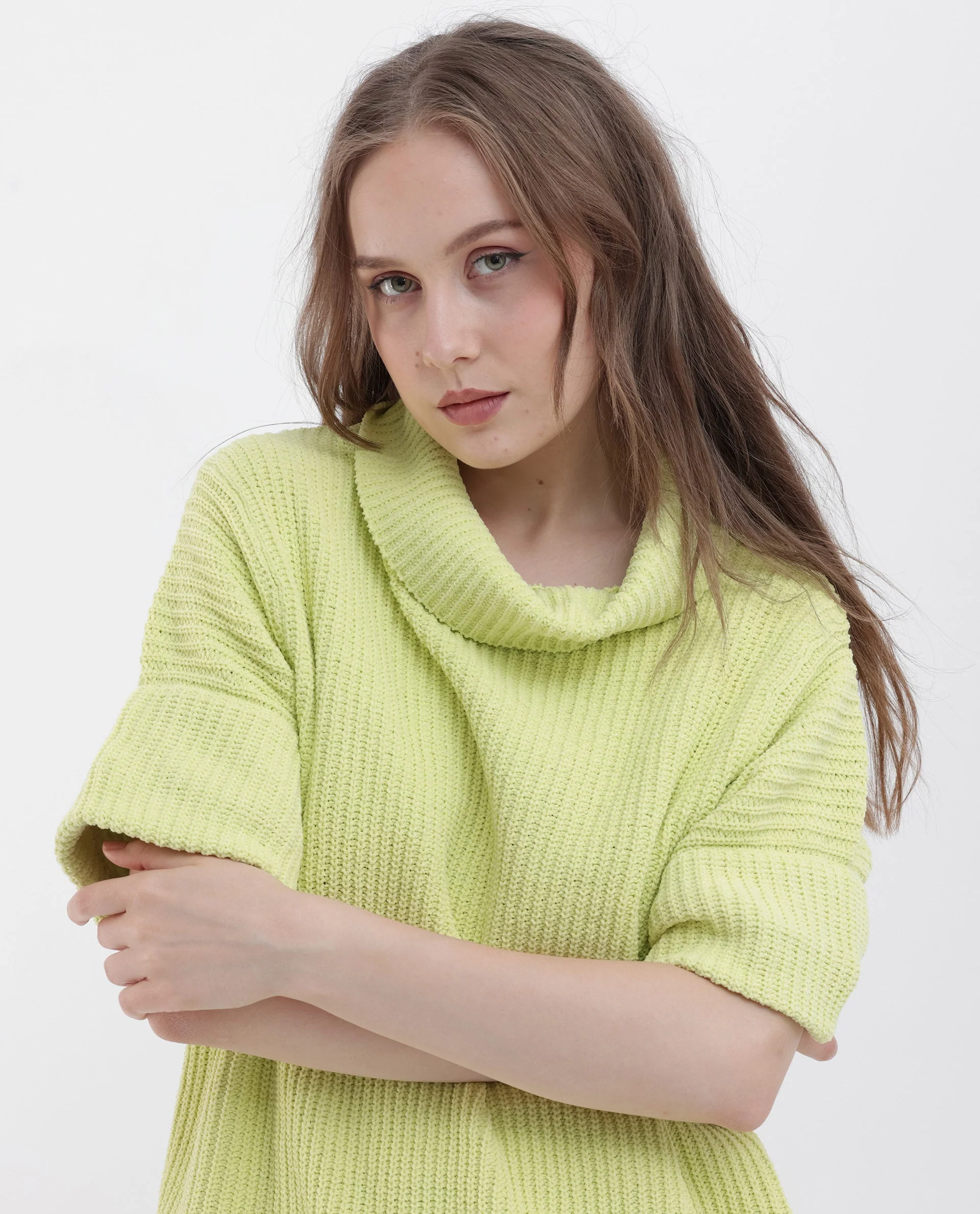 Rareism Women's Daffy 1 Flouroscent Yellow Cotton High Neck Plain Relaxed Fit Sweater - Image 5